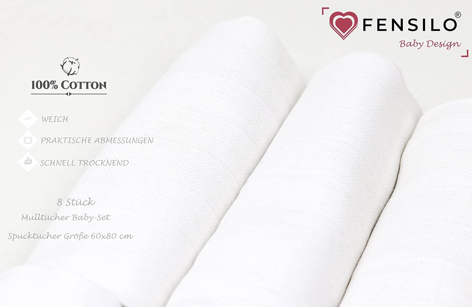 FENSILO - Muslin Cloths White - Muslin Nappies White - Pack of 8 60 X 80 Cm - Baby Burp Cloths, Tested for Harmful Substances - Burp Cloths for Boys and Girls image number 4