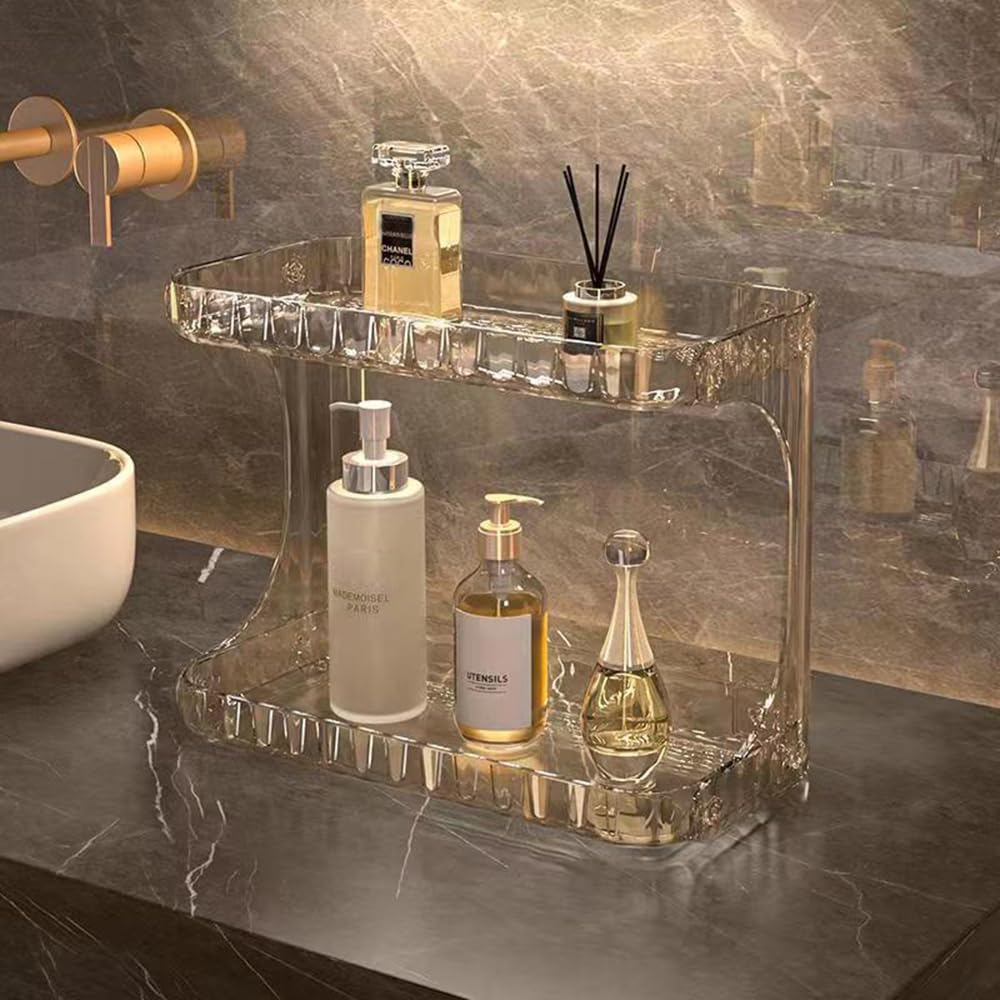 Hbluefat 2 Tier Bathroom Countertop Organizer, Clear Acrylic for Cosmetic Skincare Makeup Perfume, Vanity Dressing Table, Coffee Table Storage Rack Kitchen (Amber)