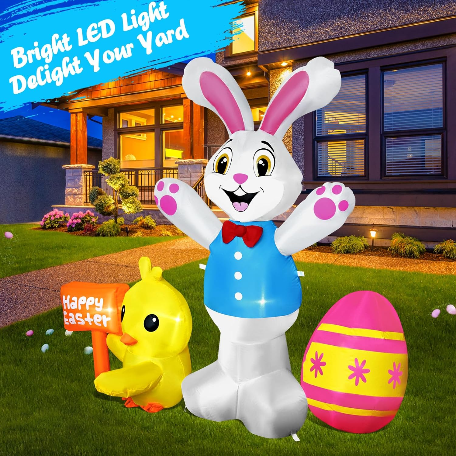 Raymall Easter Inflatables Outdoor Decorations, 5FT Tall Bunny with Chick and Egg Inflatable with LED Lights, Happy Easter Blow up Yard Decorations Outdoor, Blow up Bunny Easter Bunny Inflatables