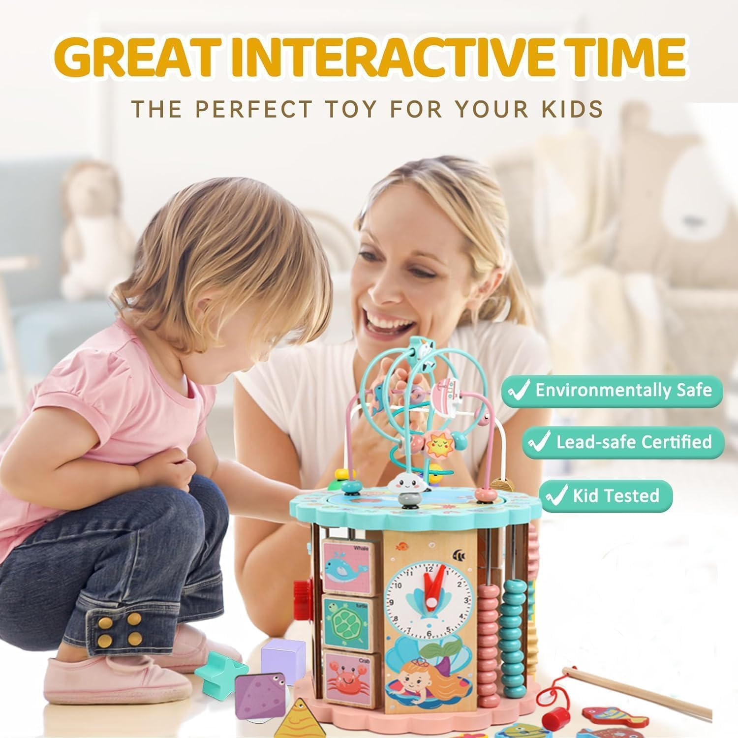 Fohouse Wooden Activity Cube, 8-In-1 Montessori Toys for 12+ Months Babies, Early Educational Toys, Shape Sorter Blocks and More, Baby Sensory Fine Motor Skills Developmental Toys image number 5