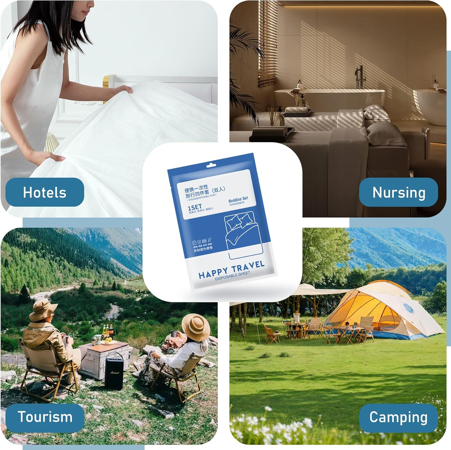 EKIND Disposable Sheet and Pillowcase Set, Hotel, Camping Portable 4 Pcs Double Bed Travel Hygiene Set, Soft, Eco-Friendly, Wash-Free Bedding Set. image number 4