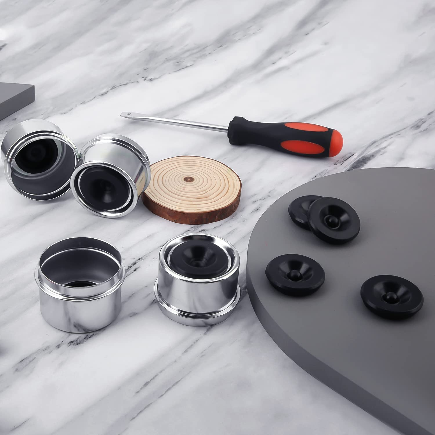 TOYMIS 4 Set Trailer Hub Cap and Bearing Grease Plugs, 1.98" Bearing Caps for Most 2000 to 3500 Pound Axles Dexter, Hub Dust Caps with 4Pcs Extra Rubber Grease Plugs image number 2