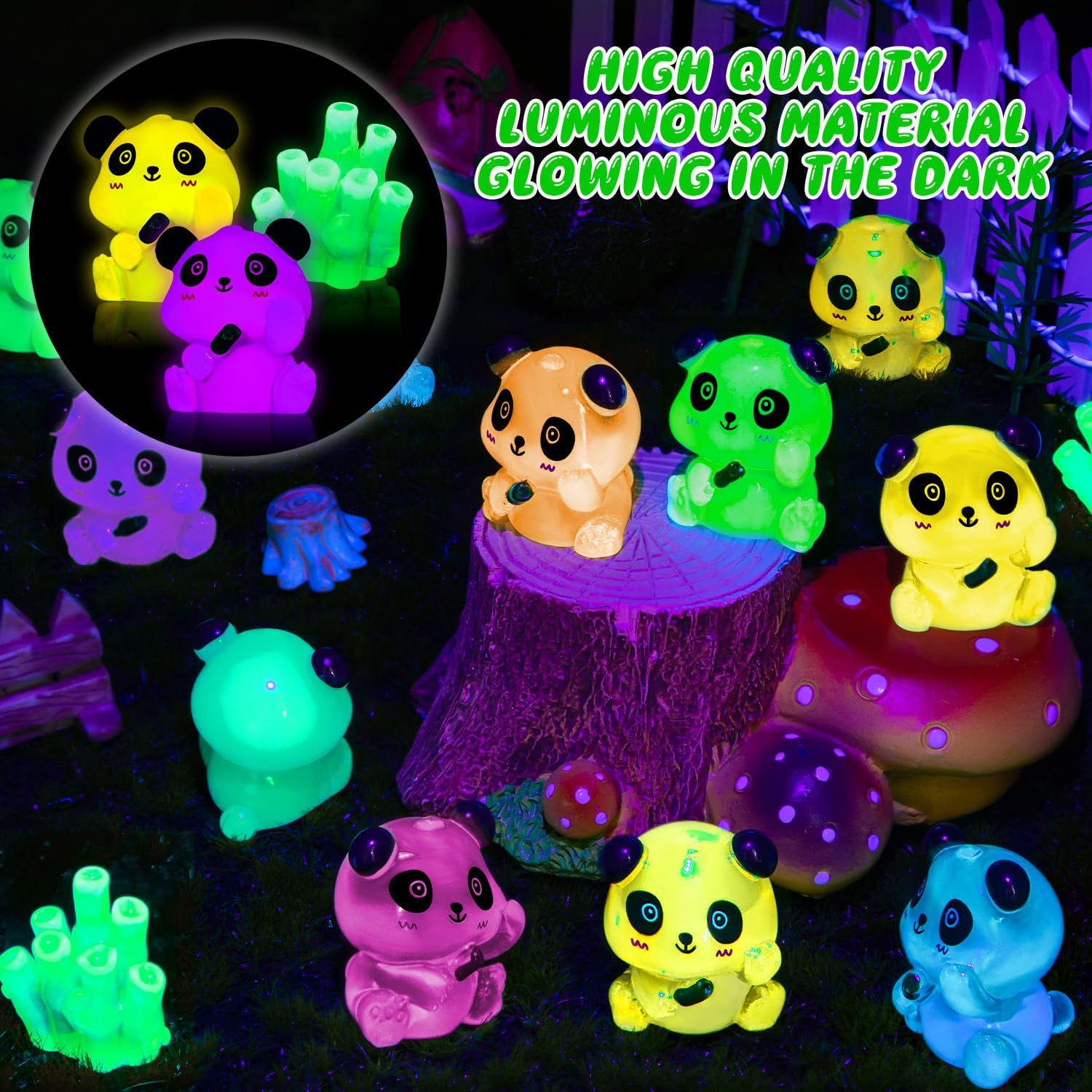 SYWHXY 20PCS Luminous Mini Resin Panda Cute Panda Figurines Miniature, Glow in the Dark Mini Panda Bamboo Bulk for Cake Topper Micro Landscape Dollhouse Garden DIY (Panda-7Colors) image number 3