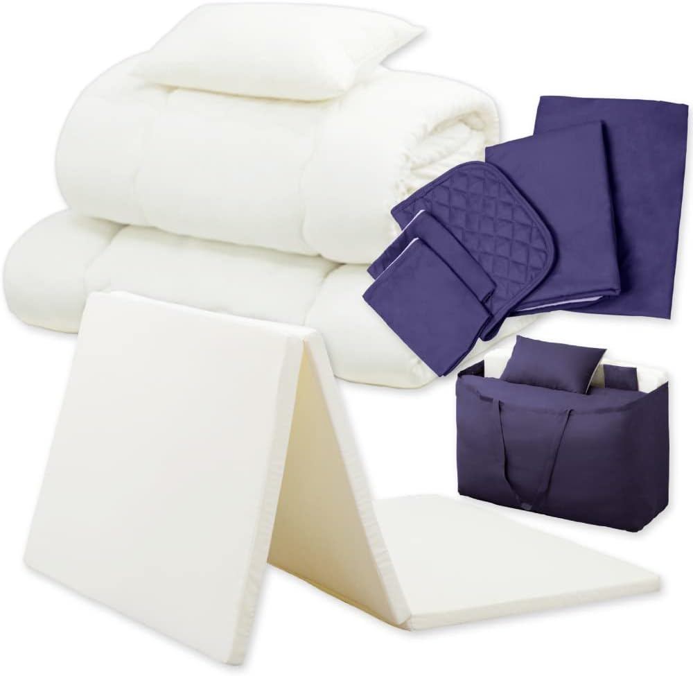 Iris Ohyama KFS-R-M10S 10-Piece Futon Set with Ready-To-Use High-Density Mattress Updated for Improved Sleeping, High Density Urethane 25D, Extra Filling, Storage Bag with Handle, Single Ash/White