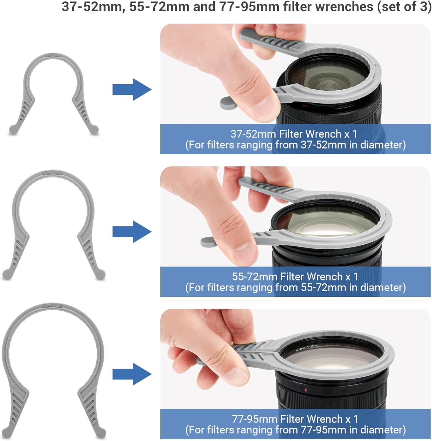 [Upgraded Version] 3 Packs Camera Lens Filter Wrench Kit, Double-Sided Design, Fit 37Mm-52Mm 55Mm-72Mm 77Mm-95Mm Lens Filter of Different Thicknesses,Cpl UV ND Filter Removal Wrench Tool Set