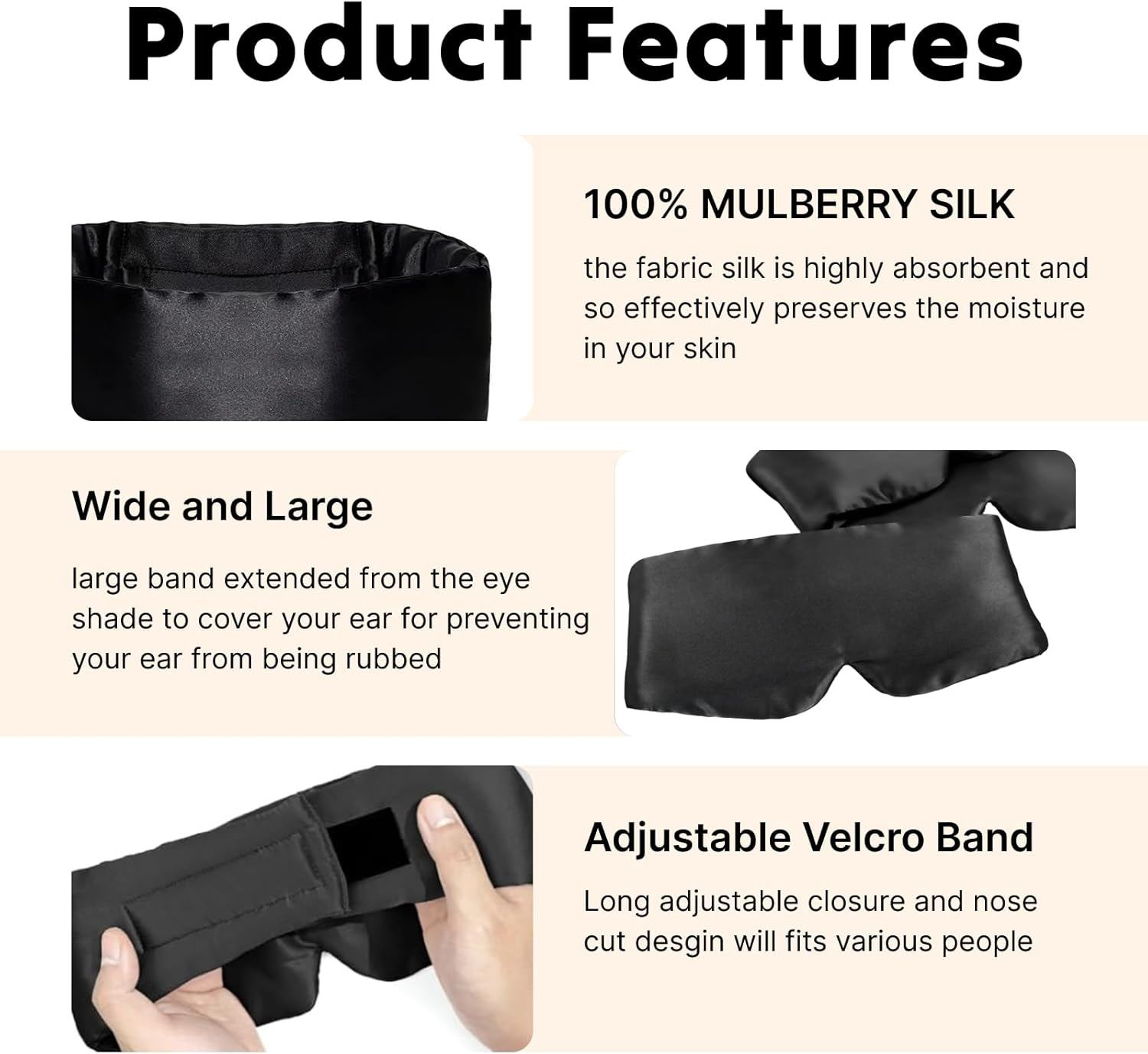 Mulberry Silk Sleep Mask Black Adjustable Hook and Loop Headband, Full Size Large Eye Mask for Total Blackout Men Women, Ideal for All Night Sleep, Travel, Naps Prevents Light Leakage, Comfortable for Side Sleepers image number 5