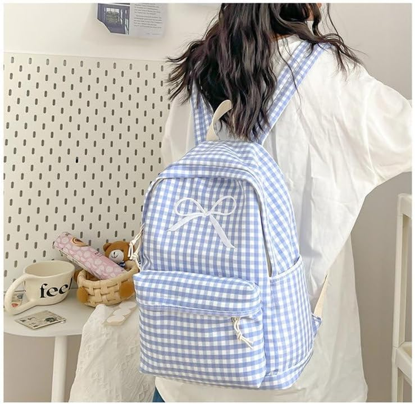KAOBIO Womens Small Cute Trendy Plaid Preppy Backpack Y2K Aesthetic Kawaii Bow Checkered Daypack Coquette Laptop Bag - Blue image number 4