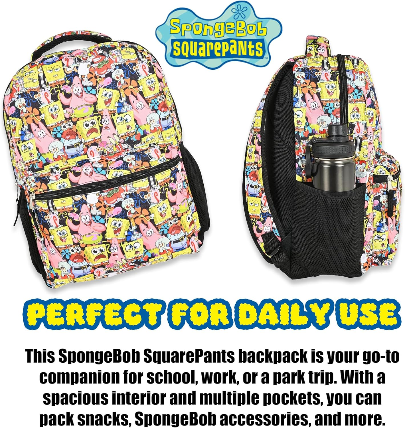 Nickelodeon Spongebob Backpack for Kids - Officially Licensed Spongebob Squarepants, Mr. Krabs, Squidward, Plankton Bookbag for Boys and Girls Kids and Adults - Laptop and Lunchbox Compartment, Black