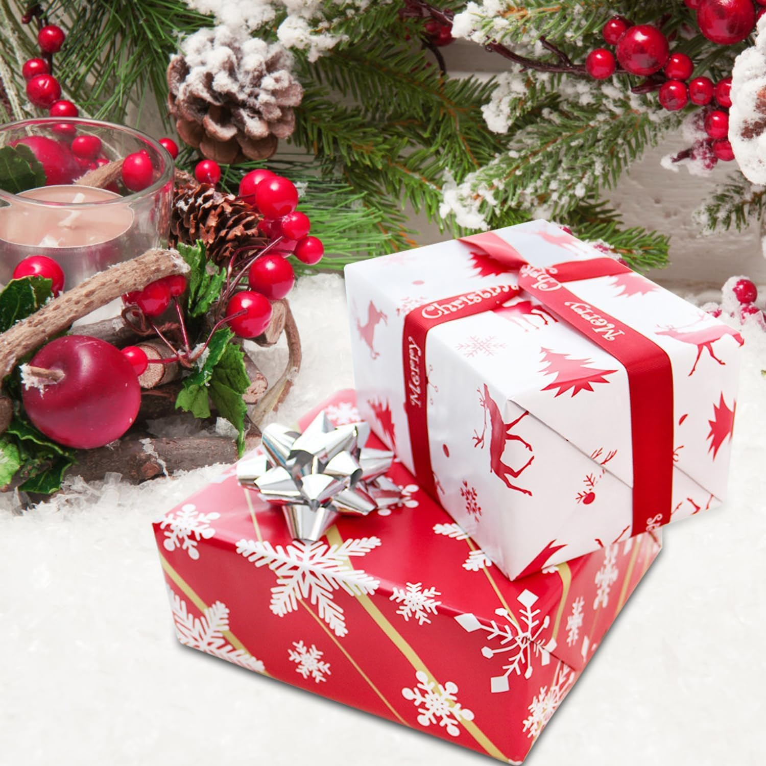 17 Inch X 33 Feet Reversible Christmas Wrapping Paper|Christmas Decorations|Mini Roll Red White Snowflakes for Chrsitmas, Holiday, Party Celebration by H HOME-MART image number 1