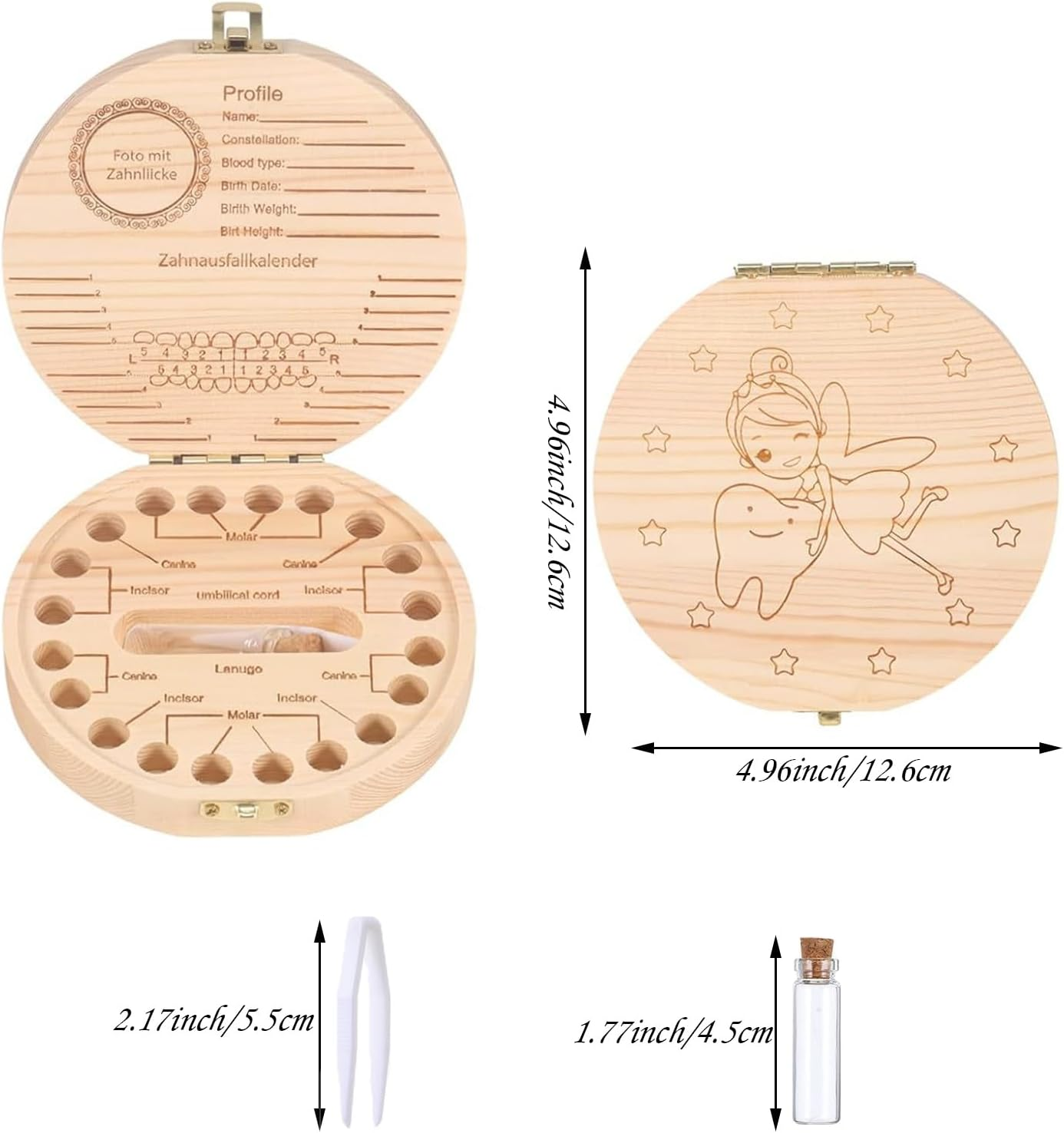 ZHIGOU Tooth Fairy Tooth Holder Umbilical Cord Keepsake Box,Cute Baby Teeth Keepsake Box with Tweezer and Fetal Hair Container,Girls Wooden Tooth Fairy Box Baby Teeth Box image number 1