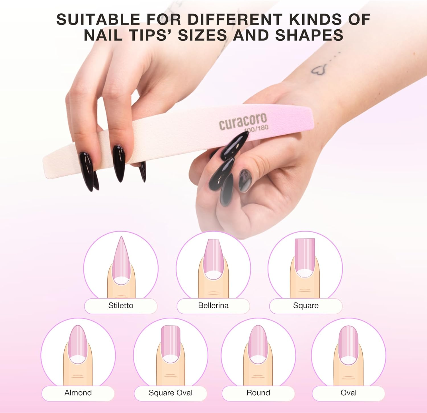 Curacoro 10 PCS Nail File - Professional Half-Moon Nail Files Double Sided Emery Board (180/240 Grit), Washable Nail Files and Buffers, Smooths & Shapes Nails, Manicure & Pedicure Buffing Tools image number 1