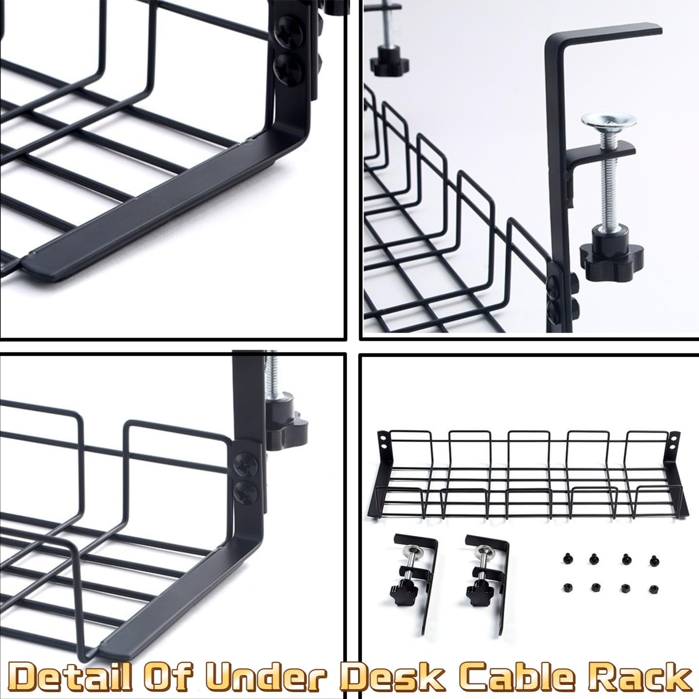 2 Pack under Desk Cable Management Tray No Drill, Underdesk Cable Organiser for Cable Management, Ultra-Rugged Desktop Cable Rack with Clips, Standing Desktop Cable Manager (15.75" Black) image number 2