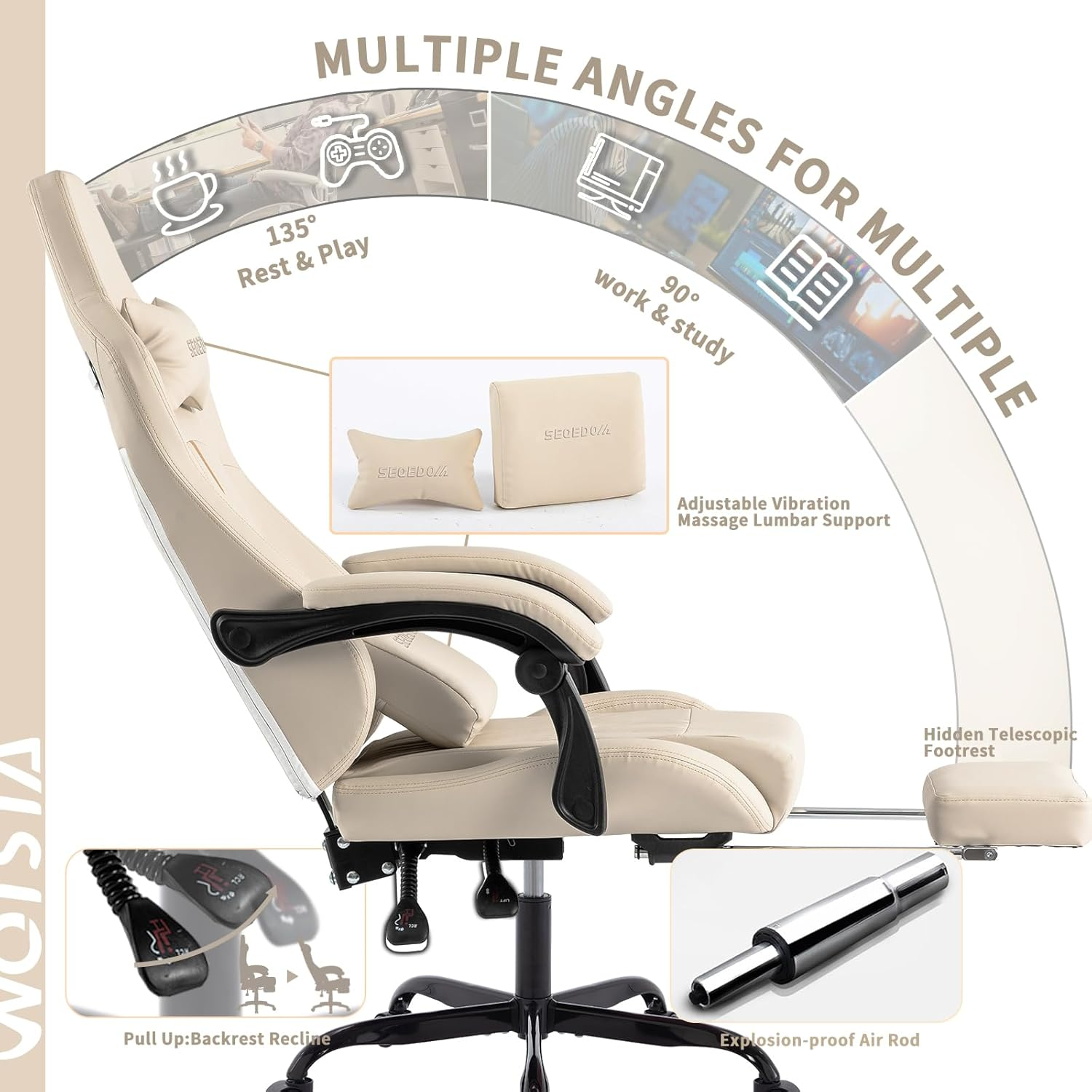 SEGEDOM Beige White Gaming Chair | with Footrest, Ergonomic, Massage Lumbar Cushion, Adjustable, Recliner | PVC Leather(Beige) image number 5