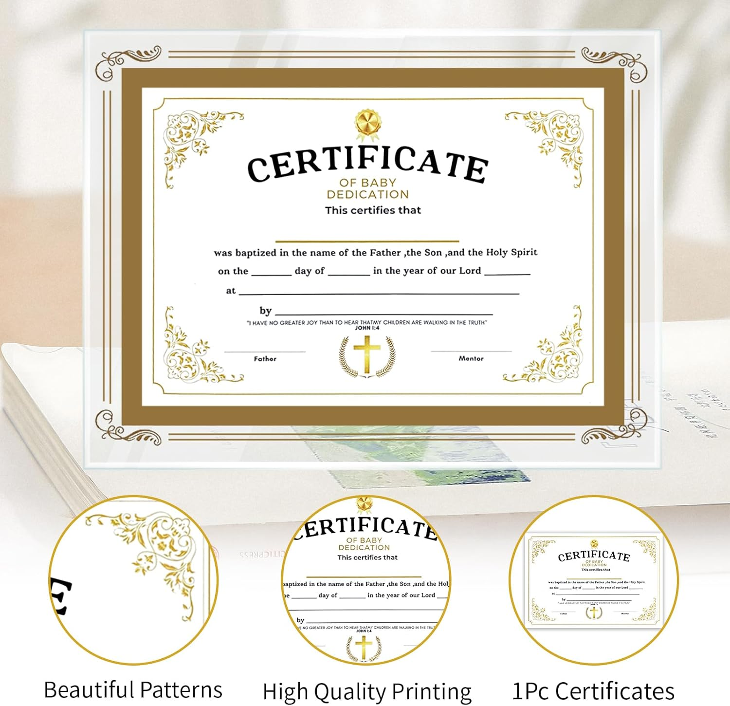Baptism Certificates for Church, with Glass Frame, Perfect Baptism Keepsake, Gold Foil Cross Certificates of Baby Christening Dedication image number 4