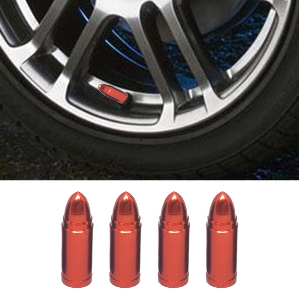 4PCS Bullet Style Tire Valve Stem Caps, Aluminum Alloy Dust Proof Tire Covers, Corrosion Resistant Auto Valve Stem Covers Universal for Trucks Motorcycles Bicycles SUV (Red) image number 1