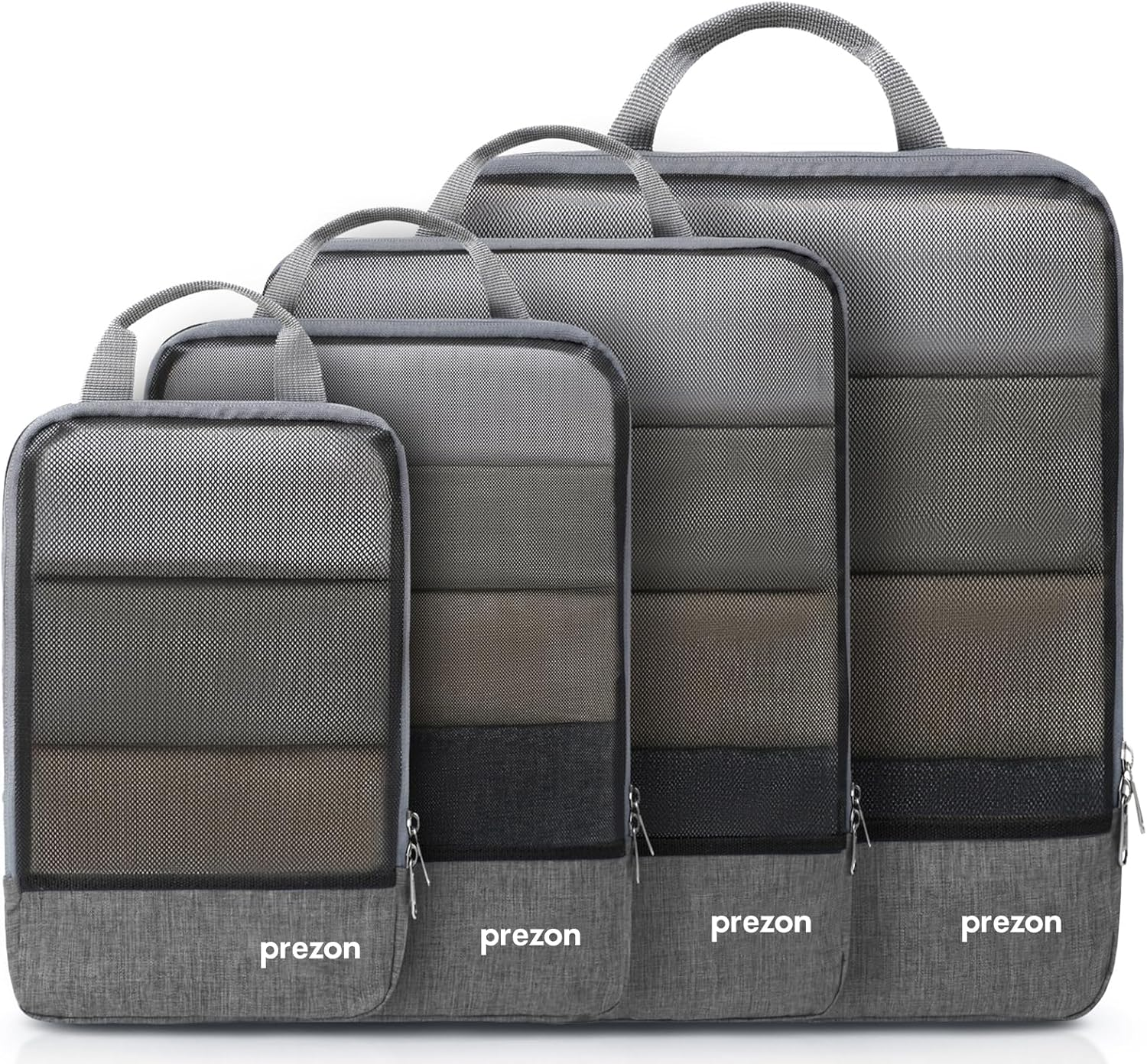 Prezon Compression Packing Cubes with Travel Shoes Bag and Laundry Bag, Luggage Organiser Set, Extensible Suitcase Organiser, Packing Organisers for Suitcases, Travel, Storage(Grey, 4 Set)