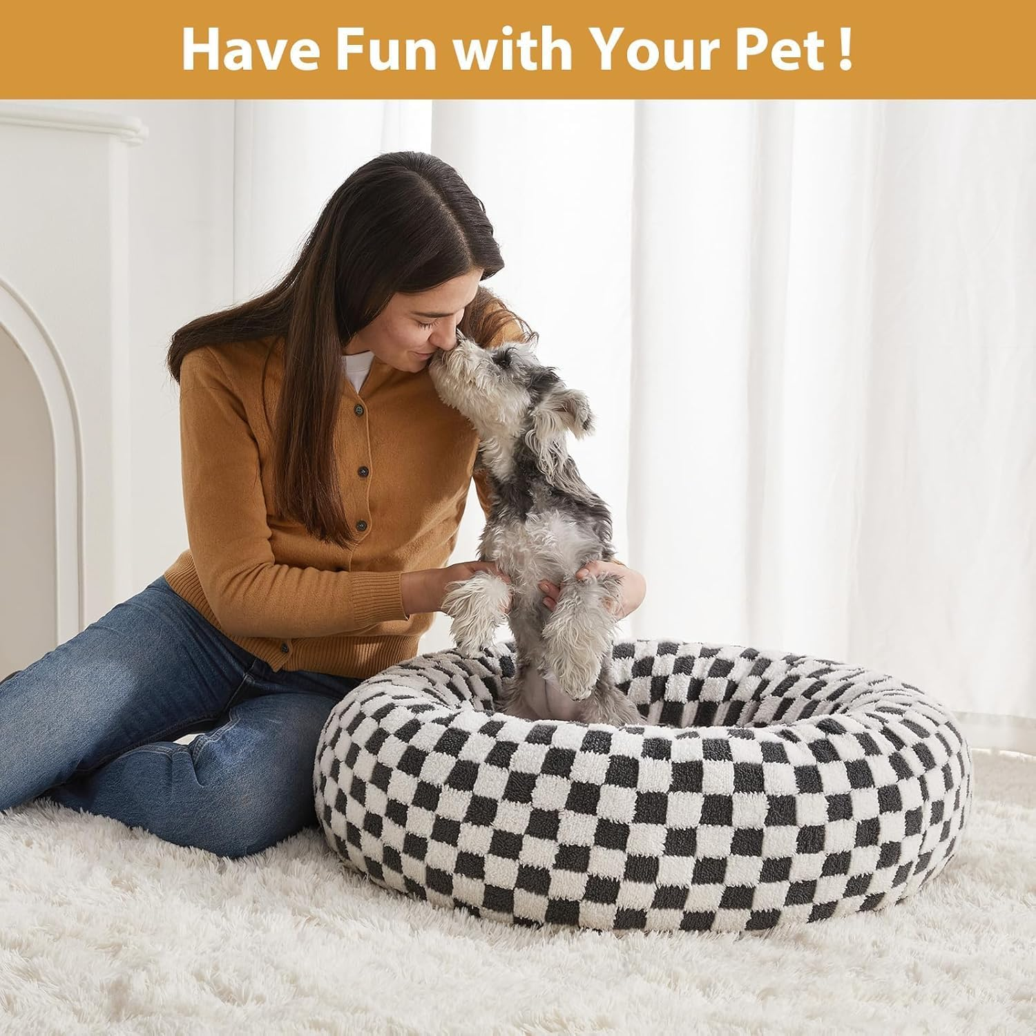 Calming Dog Bed, Dog Beds for Small Dogs, Fluffy Donut Dog and Cat Bed Washable, Cute Pet Beds for Indoor with Jacquard Shaggy Plush, round anti Anxiety Small Dog Bed with Non Slip Bottom (Khaki) - Blue image number 3