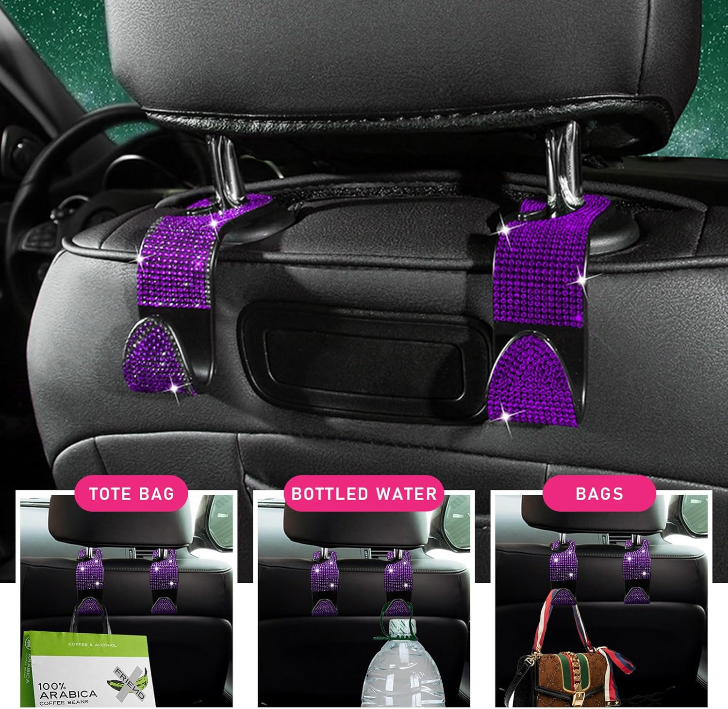 Augeny 2 PCS Bling Car Seat Headrest Hooks, Crystal Rhinestone Back Seat Hanging Storage Organizer, Auto Purse Bags Hanger, Universal Vehicle Interior Accessories for Women Girls (Purple) image number 5