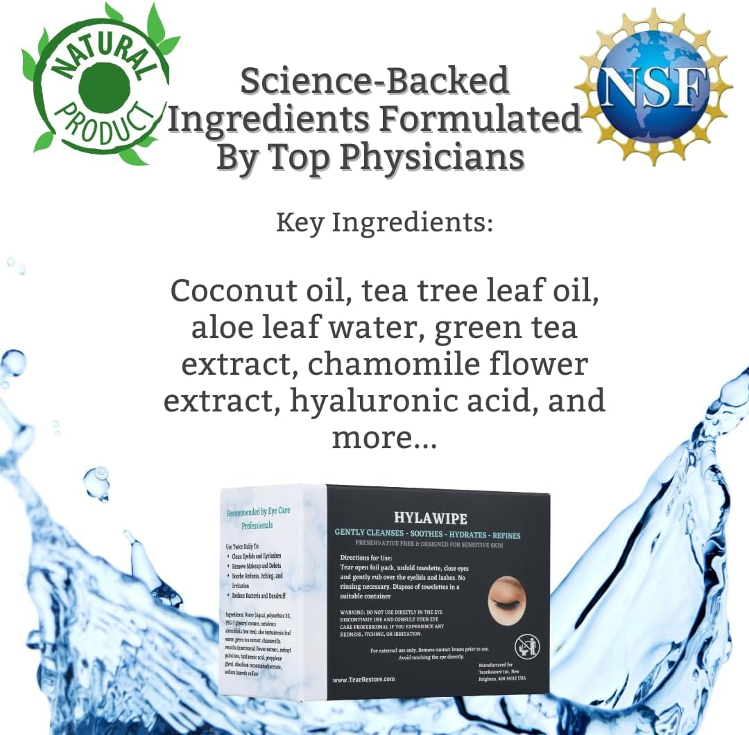 Tearrestore Tea Tree Hylawipe Eyelid Wipes - 30 Count | Hydrating Eye Lid Cleanser | Blepharitis Treatment for Eyelids | Eye Lid Cleansing Wipes | Eyes Wipe for Dry, Red, Itchy, and Irritated Eyes image number 1