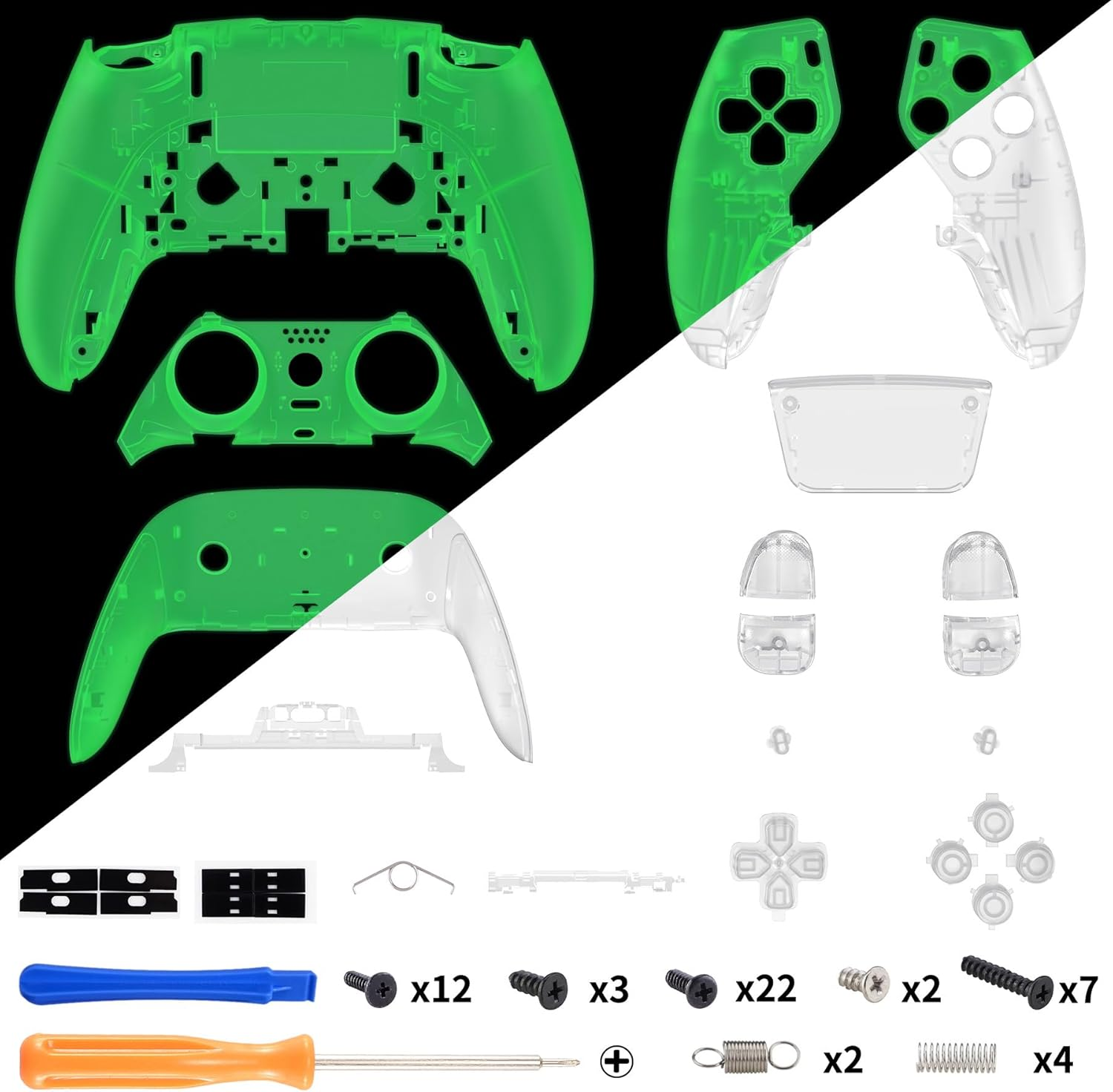 Extremerate Full Set Shell with Buttons Touchpad Compatible with P S 5 Edge Controller, Glow in Dark - Green Replacement Decorative Trim Shell Front Back Plates Compatible with P S 5 Edge Controller - Clear image number 6