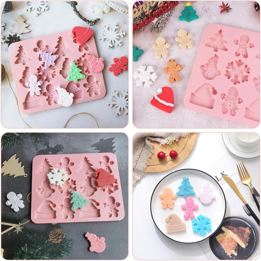 Christmas Silicone Molds,2 PCS 12 Cavities Candy Baking Molds,For Mini Cakes, Handmade Soap, Chocolate, Jello, Candy and Candles,With Snowflake Gingerbread Santa Snowman Molds