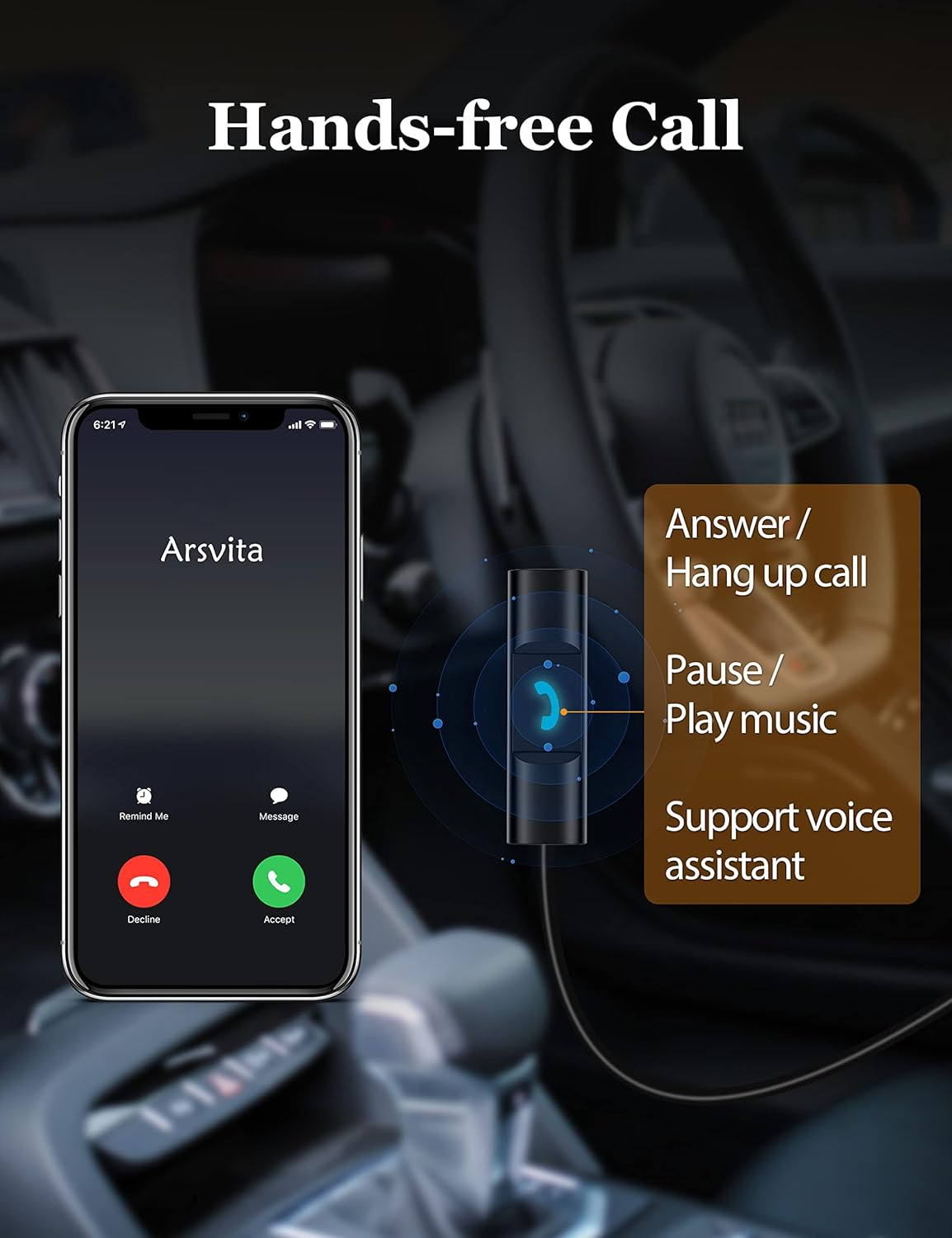 Arsvita Bluetooth 5.0 Cassette to Aux Adapter for Car, Tape Audio Adapter, Hands-Free Call, Charcoal Black image number 5