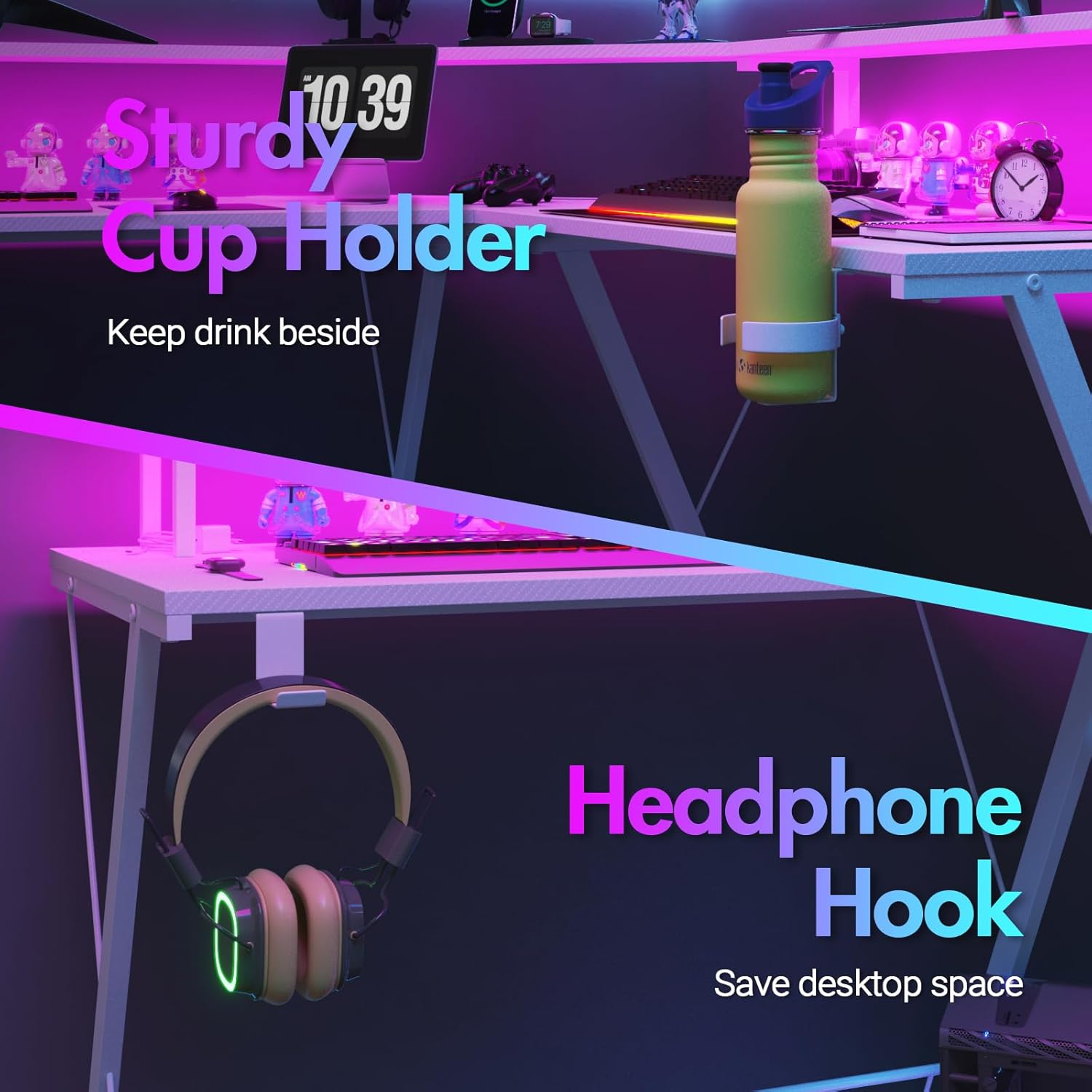 Advwin L Shaped Gaming Desk with LED Lights & Power Outlets Computer Corner Desk with Monitor Stand Gaming Table with Hook White - Black image number 3