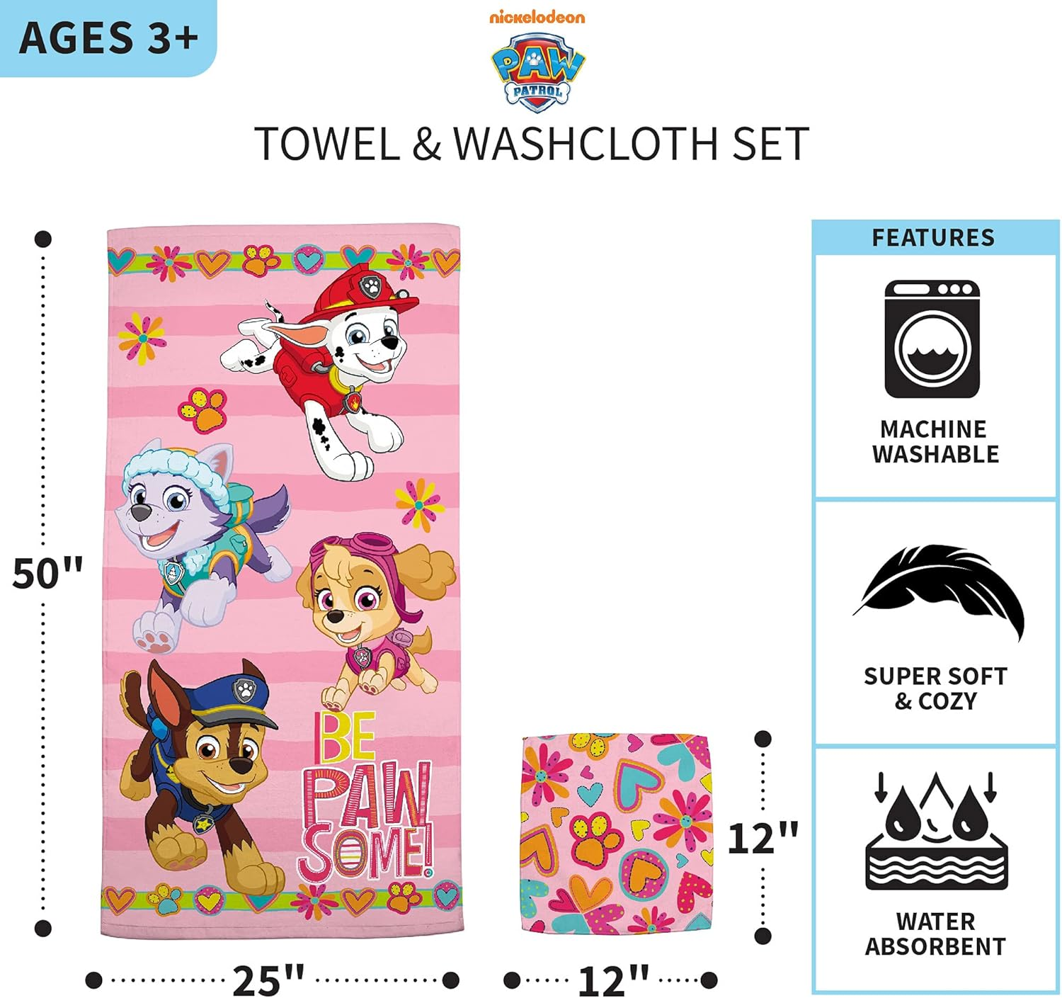 Franco Paw Patrol Girls Kids Bath/Pool/Beach Soft Absorbent Cotton Terry Towel with Washcloth 2 Piece Set, 50 in X 25 In - Lol Surprise image number 3