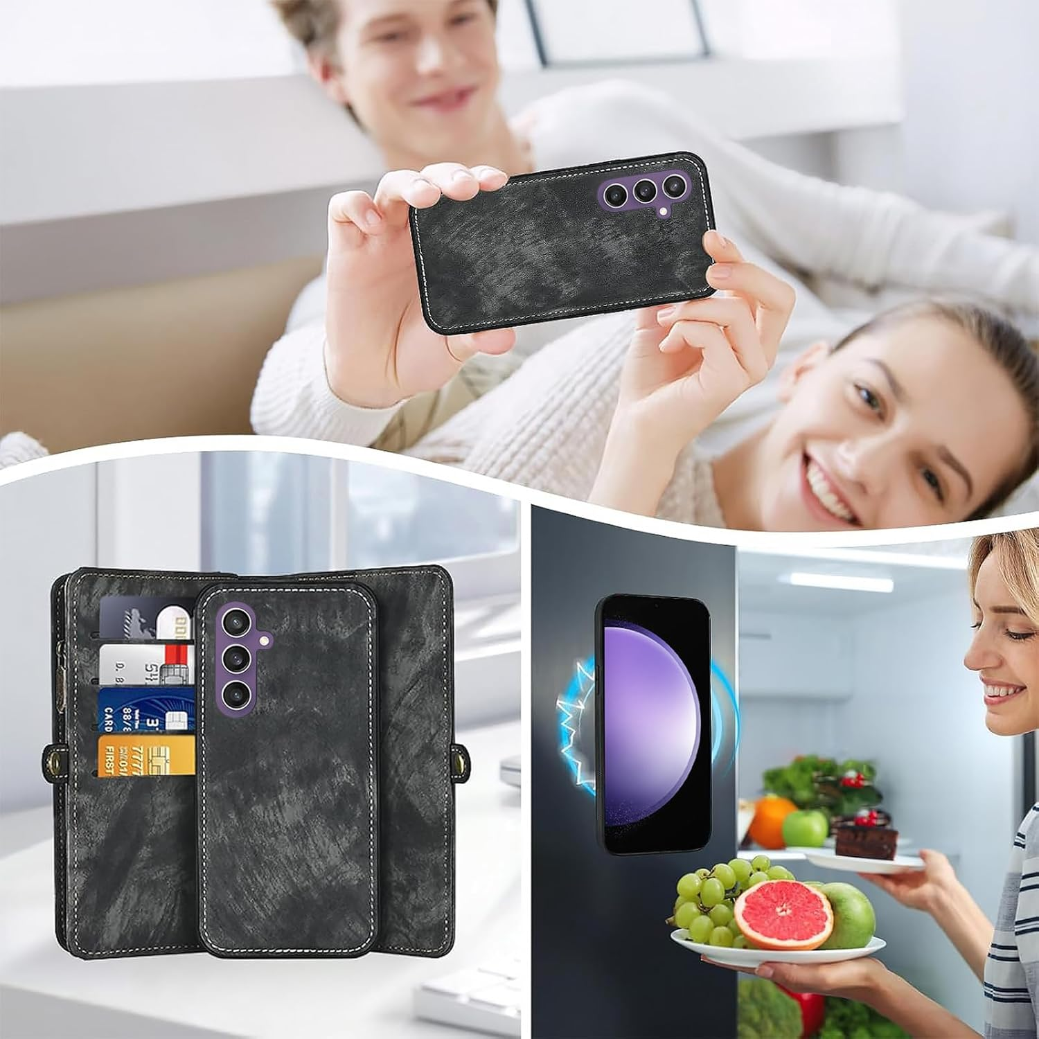 Asuwish Mobile Phone Case for Samsung Galaxy S23 FE 5G Case with Strap Film Protective Film Card Slot Foldable Leather Flowers Wallet Stand S 23 S23FE 23FE Cases Protective Tempered Glass Screen - Black image number 2