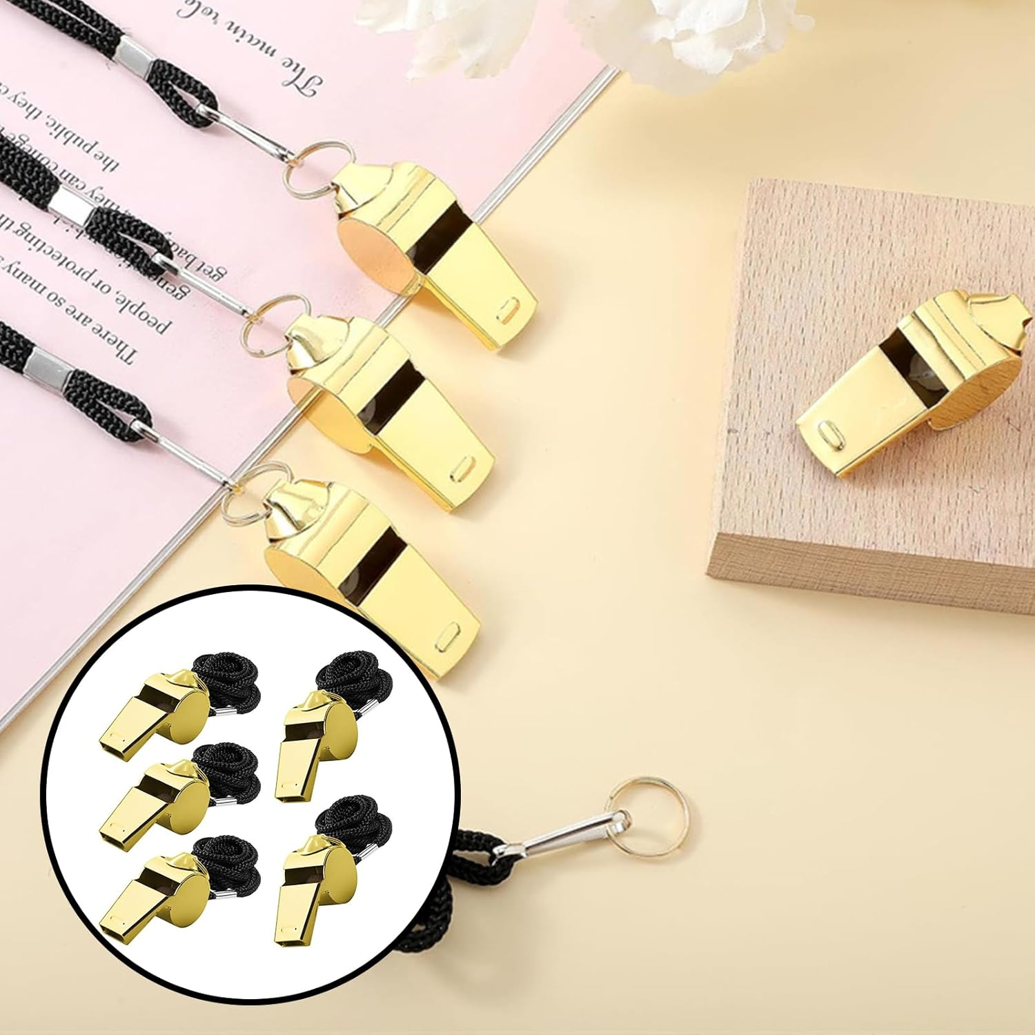 Whistle,6 Pcs Stainless Steel Sports Whistles,Coach Whistles Metal Whistle with Lanyard,For Whistle Sport,For Referees, Coaches, Polices, Training, Outdoor Sports and Emergency (Gold) image number 5