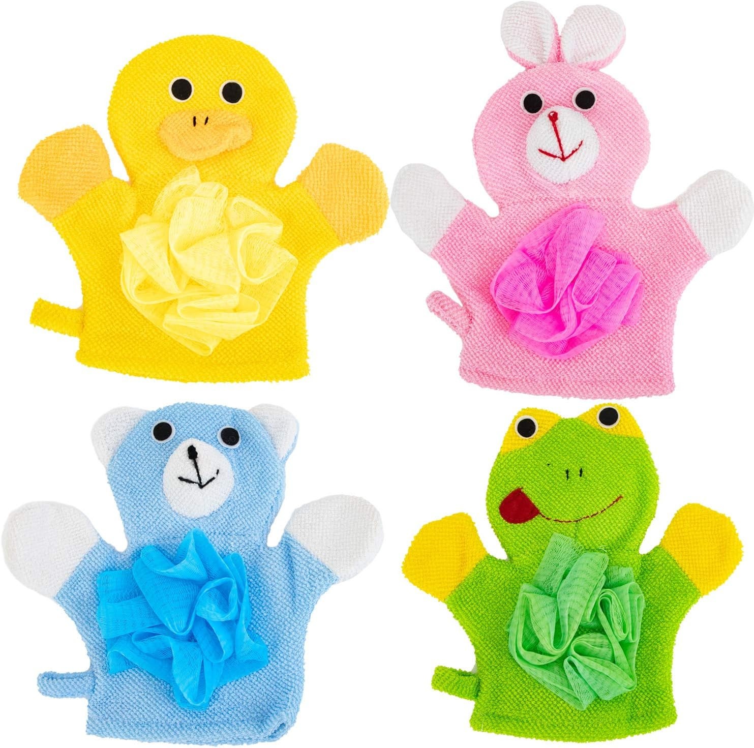 Azure Zone, 4 Pack Cartoon Hand Puppet Bath Wash Mitt Towel with Animal Designs for Bath and Shower