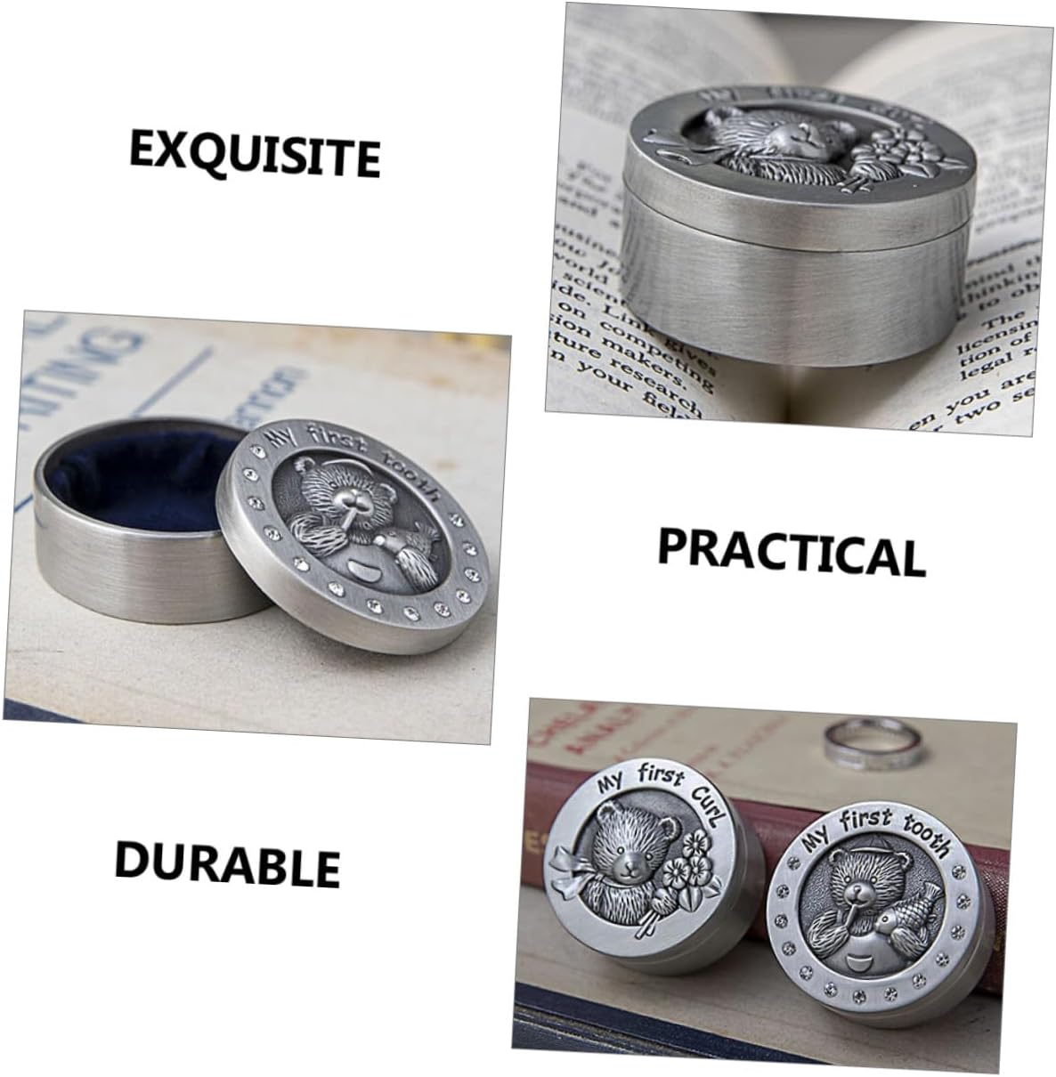 Baby Tooth Box and Fetal Hair Keepsake Metal Storage Case for Boys and Girls, Antique Tin Color, Baby Teeth and First Curl Organizer for Childhood Memory, 2Pcs Set