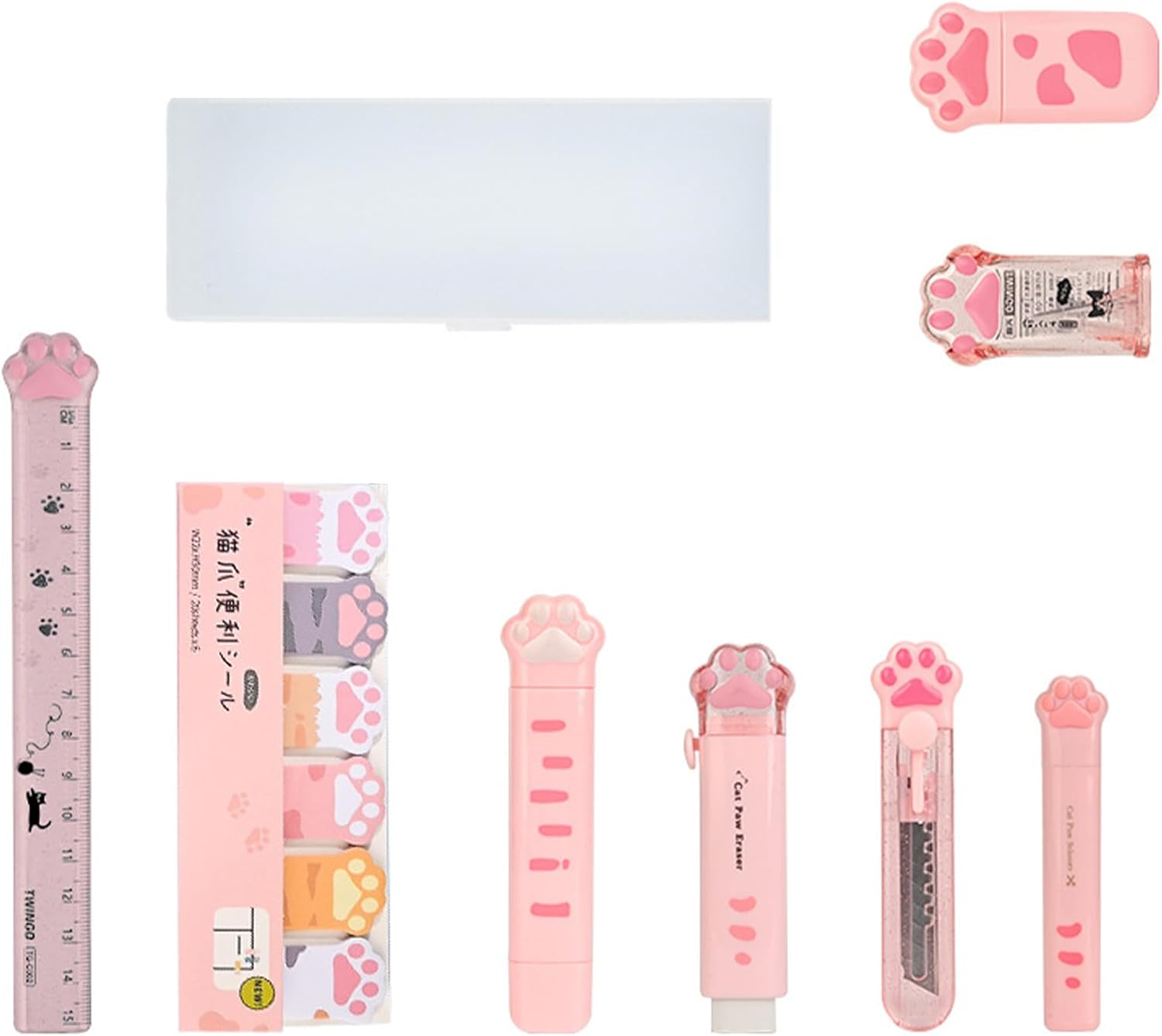 VANANA 9 Pcs Cute Cat Paw Stationery Set Pencil Sharpener Retractable Eraser Correction Tape Sticky Notes Ruler Mini Scissors Utility Cutter School Office Supplies(Pink) image number 1