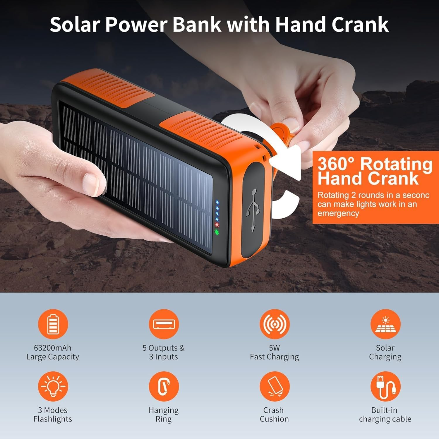 63200Mah Solar Power Bank, Portable Charger with Dual Outputs & Dual Inputs 4 Leds Flashlight, Fast Charging,Hand Crank Solar Panel Charger Battery Pac image number 1