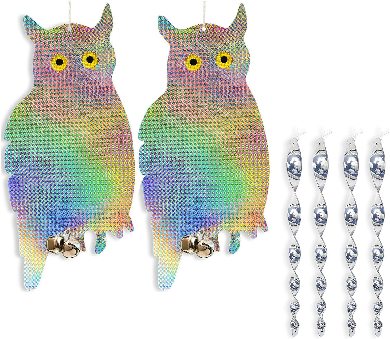 Reflective Owl Bird Deterrent and Repellent for Outdoor Garden Use, Bird Scarer, 2 Pack with Suction Cups and 12 Inch Spiral Rods- CRFY