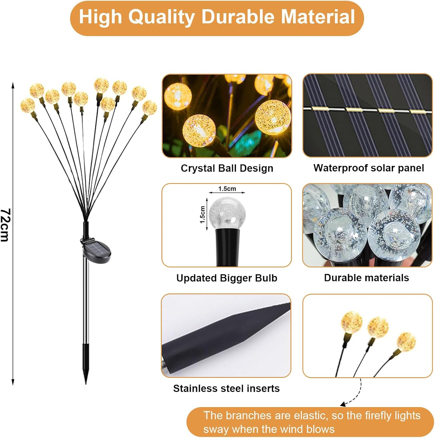 Solar Lights Outdoor, New Upgraded Firefly Light with 40LED Crystal Bubble Bulbs, Big Bulb,Waterproof, Sway by Wind, Solar Garden Lights for Patio Pathway Christmas Decorations (Warm White 4 Pack) image number 2