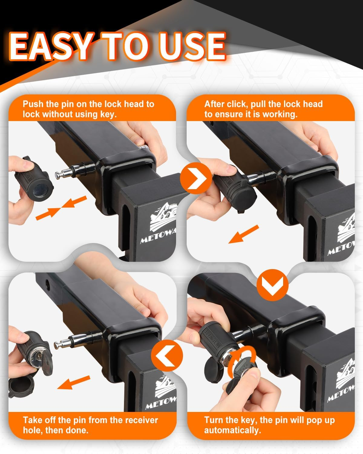 METOWARE Swivel Head Trailer Hitch Receiver Lock, 5/8" Diameter Pin Lock, Fits 2" or 2-1/2" Receiver (1 Pack)