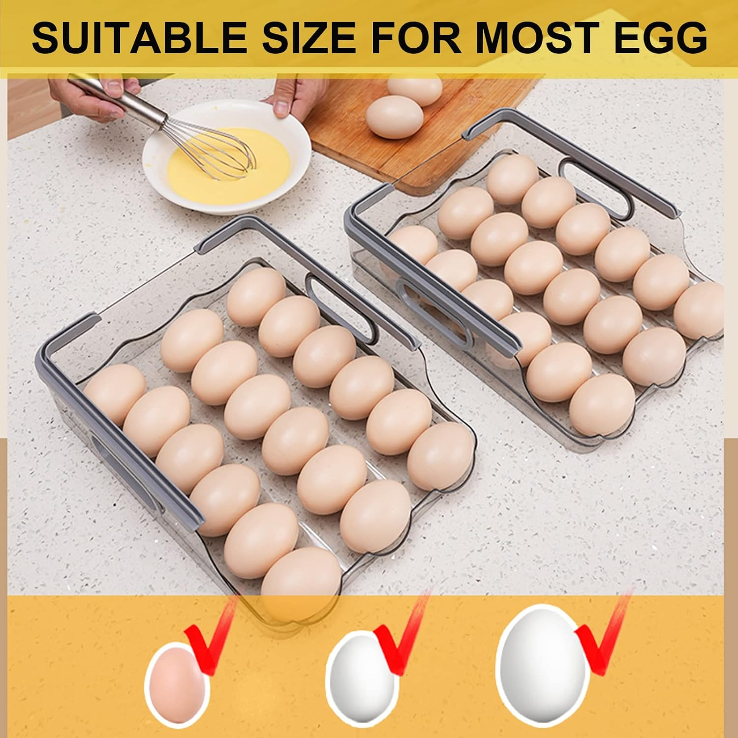 Egg Holder for Refrigerator, Automatically Rolling Egg Storage Container for Refrigerator,Large Capacity Egg Organizer for Fridge with Lid,Clear Plastic Egg Dispenser,Egg Tray & Bin -3 Layer image number 5