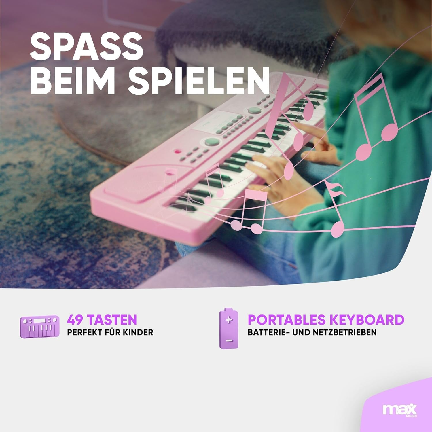 MAX KD49P Pink Electronic Keyboard 49-Keys with Built-In Rechargeable Battery Portable Music Keyboard (Pink) - Black image number 6