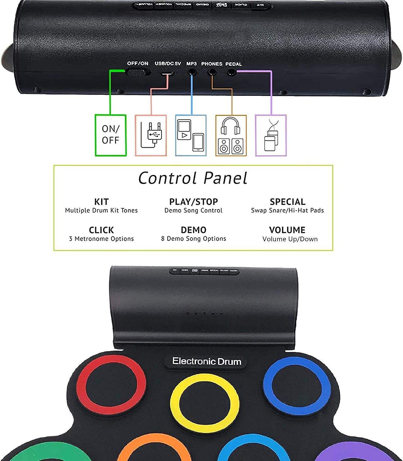 Electronic Drum Set, 7 Practice Drum Pads,Roll-Up Rechargeable Drum Set with Pedals,Sticks,Built-In Speaker/Headphone Jack, Rainbow Color image number 3