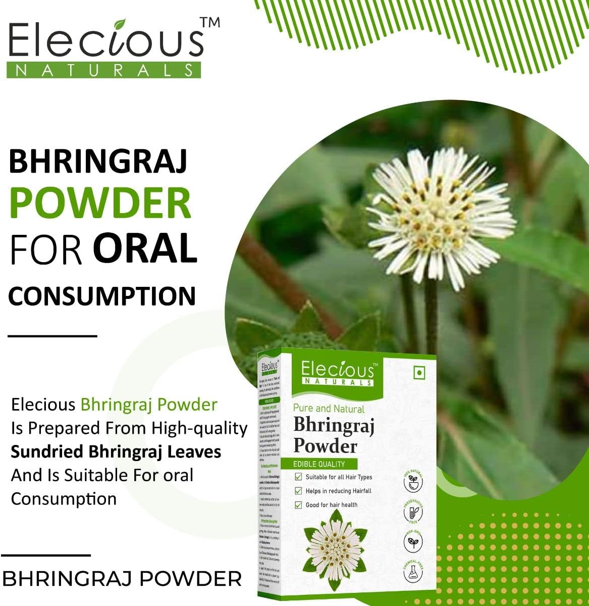 Elecious Bhringraj Powder for Hair Growth (200 Grams) | Edible | Good for Hair Pack, Hair Oil and Oral Consumption | Preservative Free image number 2