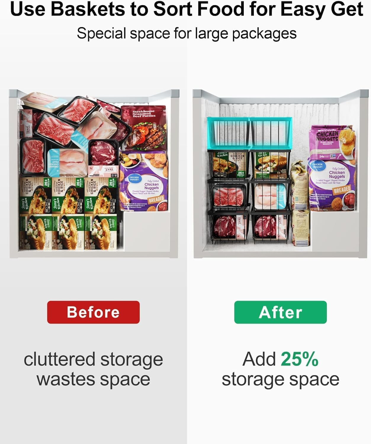 4 Pack Stackable Chest Freezer Organiser, Freezer Storage Baskets, Pantry Organiser, Deep Freezer Bins with Handles for Chest & Upright Freezers, for Frozen Meat, Vegetables & More image number 3