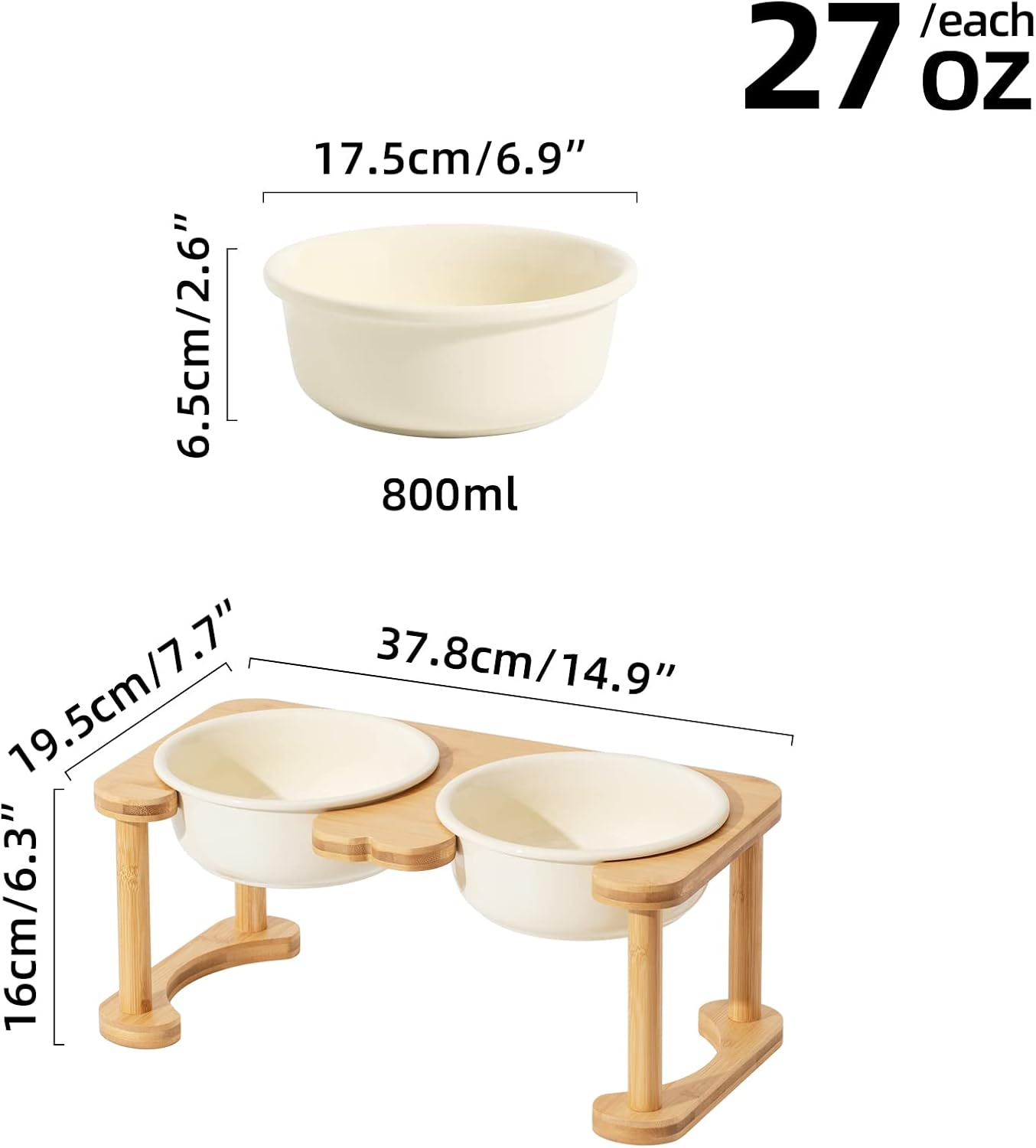 Havniva Ceramics Raised Dog Bowl with Non-Slip Stand Elevated Dog Bowl for Medium Dog Food and Water Bowl Dog Dish Pet Feeding Bowl (Double 6.9" Bowl, Cream White) image number 6