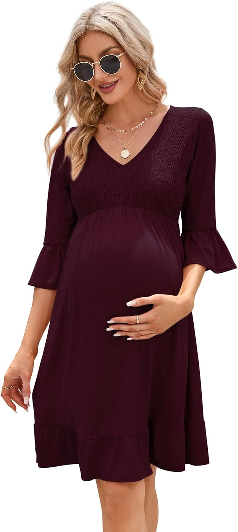 Coolmee Short Sleeve Maternity Dress Ruffle Boho Dress Button Smocked Summer Casual Flowy Maxi Dress Baby Shower Photoshoot