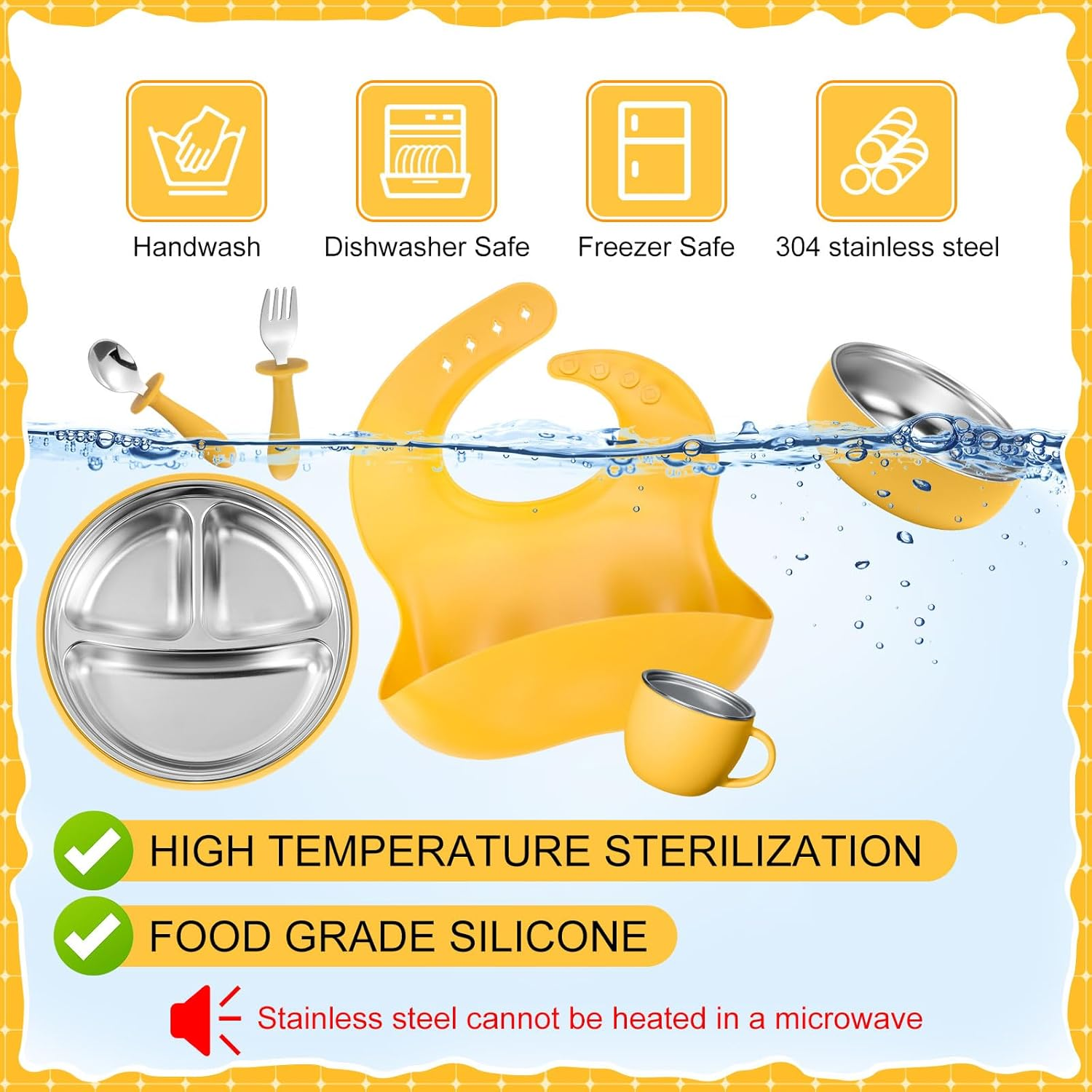 Nuogo 6 Pcs 304 Stainless Steel Kids Plates and Bowls Set Stainless Steel Suction Bowls and Toddler Cup with Removable Silicone, Forks Spoons Pocket Bib for Baby Toddle(Yellow,Round)