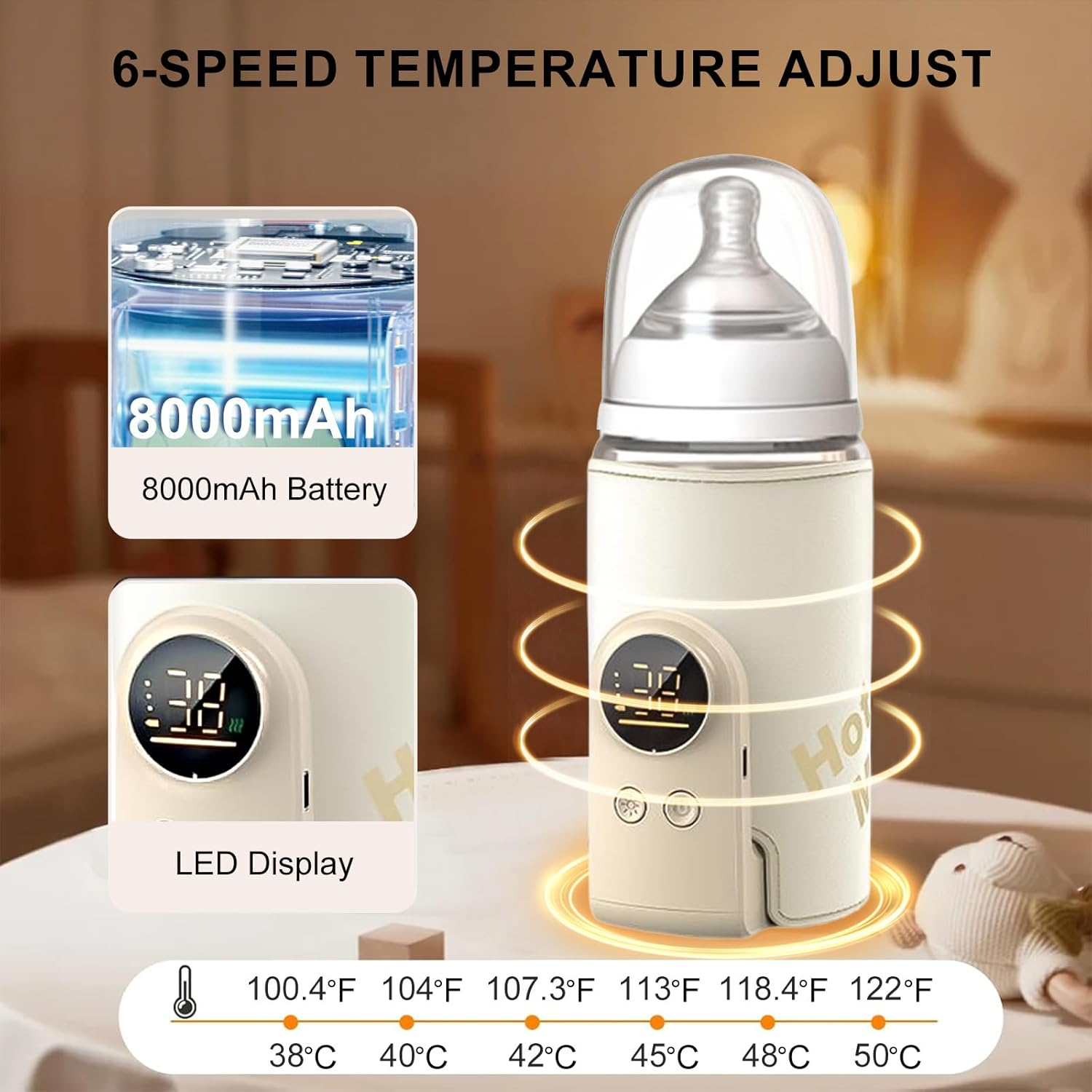 Portable Bottle Warmer, Fast Charging Infant Bottle Warmer, Portable Baby Milk Warmer with LED Display, 6-Speed Temperature Control, 360 Degree Wrap Even Warming, for Home and Outing image number 4
