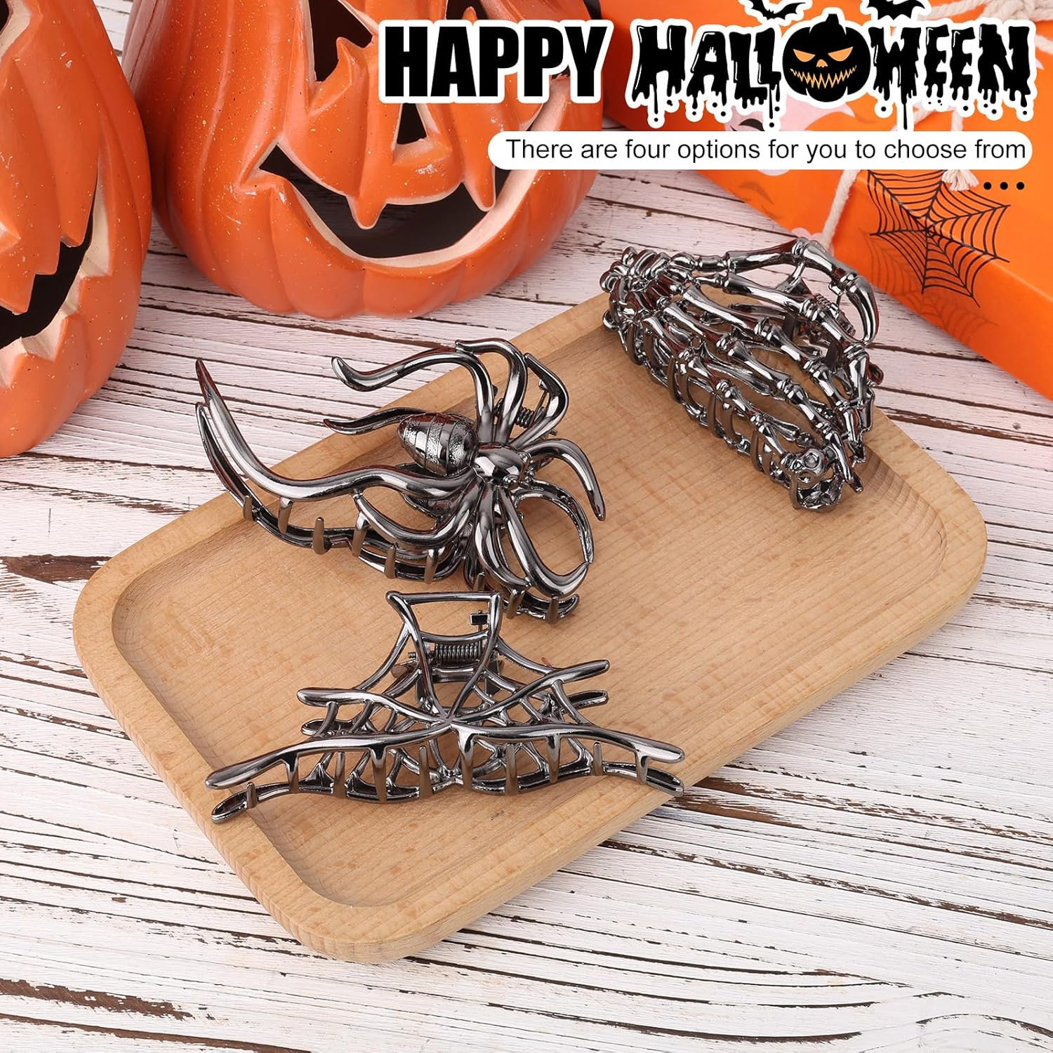3 Pcs Halloween Hair Claw Clips for Women & Girls, Gothic Metal Hair Accessories with Hollow Design Spider Web Skeleton Hand Spider Claw Clips for Halloween Party Cosplay image number 4