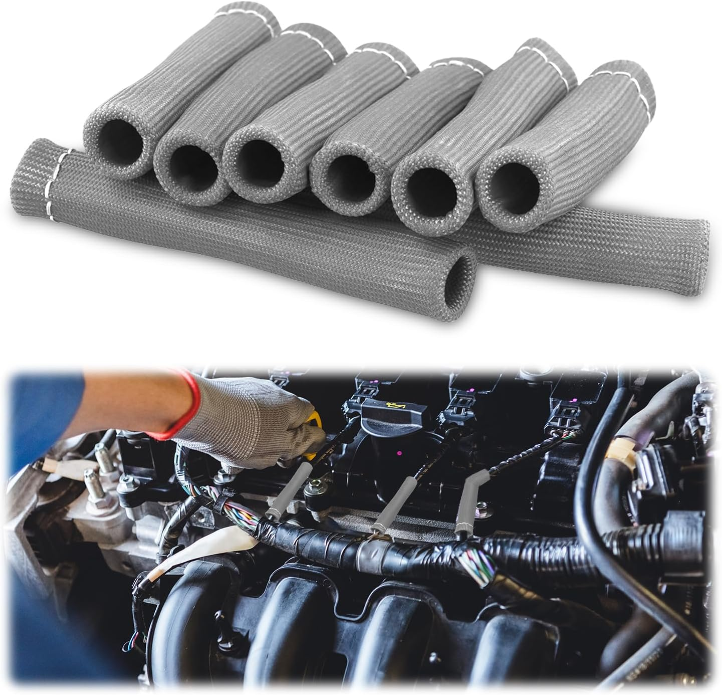 8Pcs Spark Plug Wire Heat Shields for Ford Chevrolet, 2500 Degree Spark Plug Wire Shield Protector Boots Thermal Protection Insulator Wrap Sleeve Cover for LS1 / LS2 SBC BBC 350 454(Silver Gray) image number 3