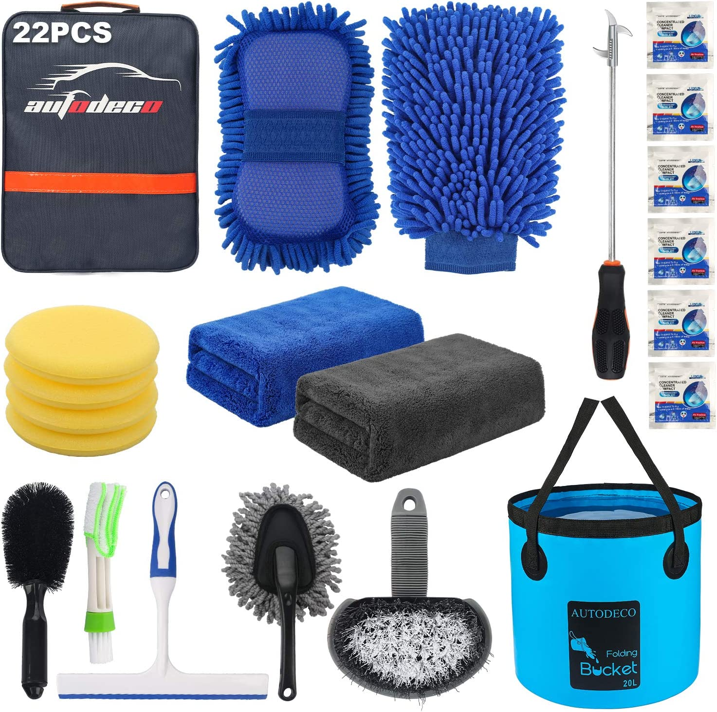 AUTODECO 22Pcs Car Wash Cleaning Tools Kit Car Detailing Set with Canvas Bag Purple Collapsible Bucket Wash Mitt Sponge Towels Tire Brush Window Scraper Duster Complete Interior Car Care Kit
