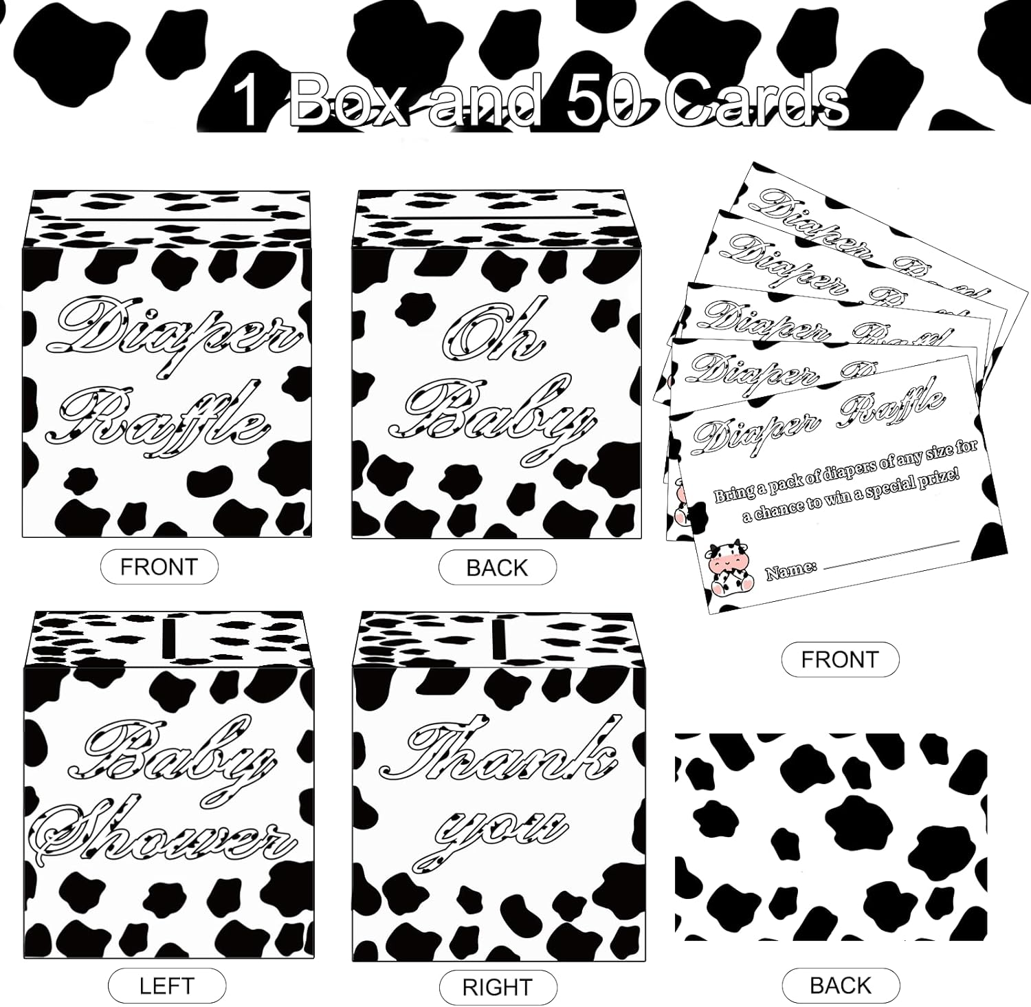 QISOLIY 50 Pieces Cow Baby Diaper Raffle Tickets with Box Baby Shower Game Invitations Cow Diaper Raffle Cards Diaper Raffle Box Set for Baby Shower Gender Reveal Farm Animal Party Supplies Card Box - Cow Print image number 4